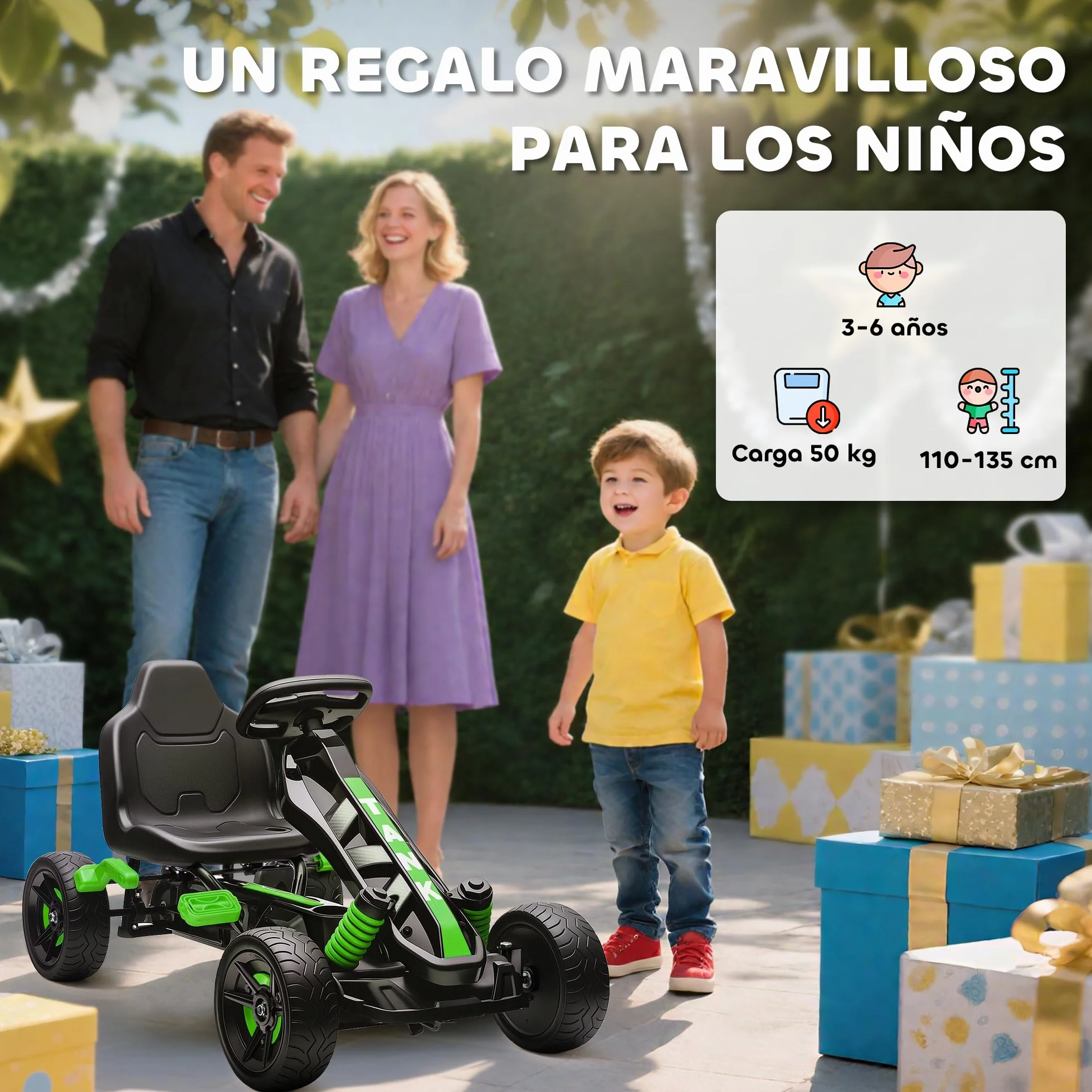 AIYAPLAY Kart Pedales para Niños de +3 Años Go Kart con Embrague Automático Freno Ruedas Antideslizantes de EVA y Marco Metálico Carga 50 kg Verde
