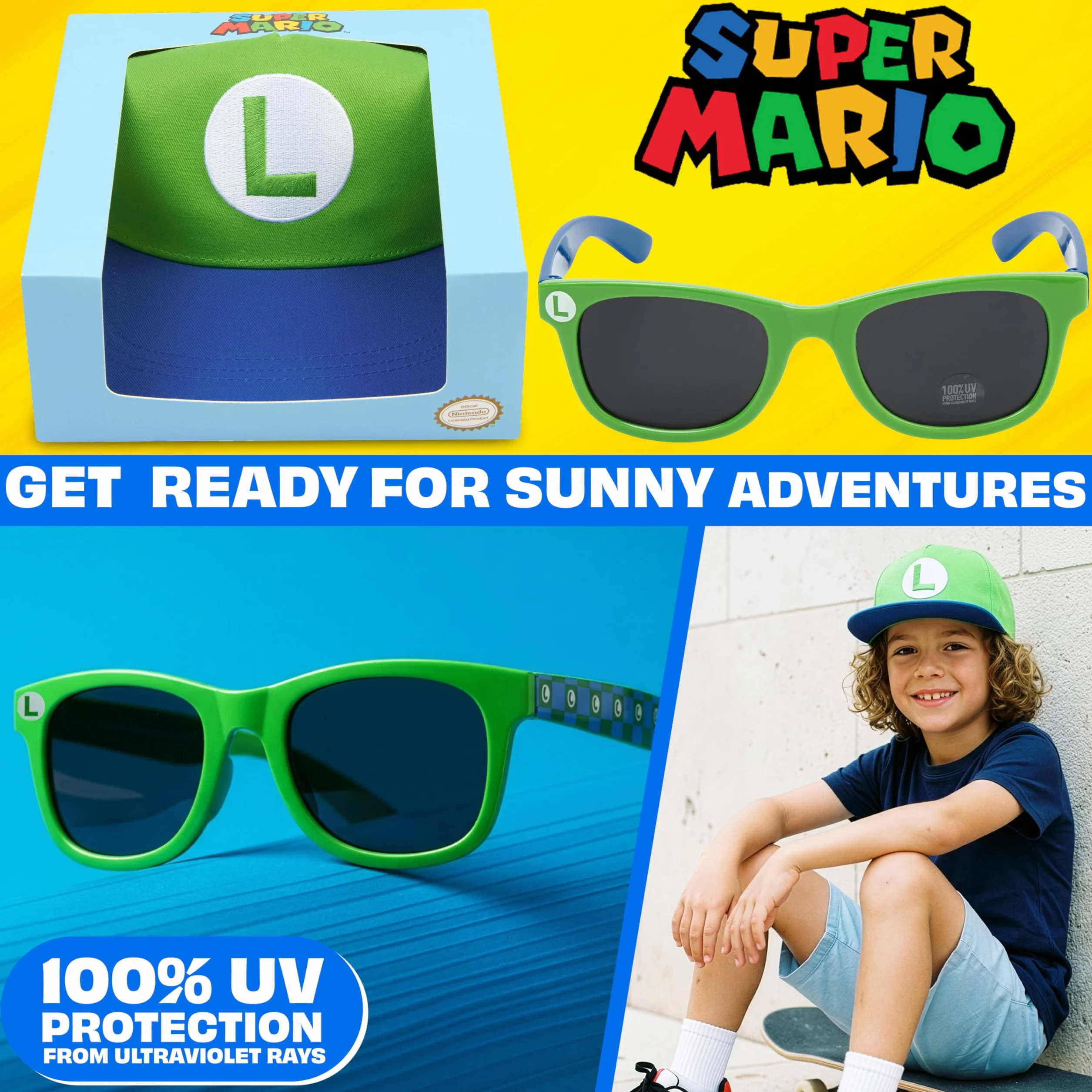 Gorra y Gafas de Sol Niño Set Minecraft Super Mario Bob Esponja Fortnite Protección UV Verano