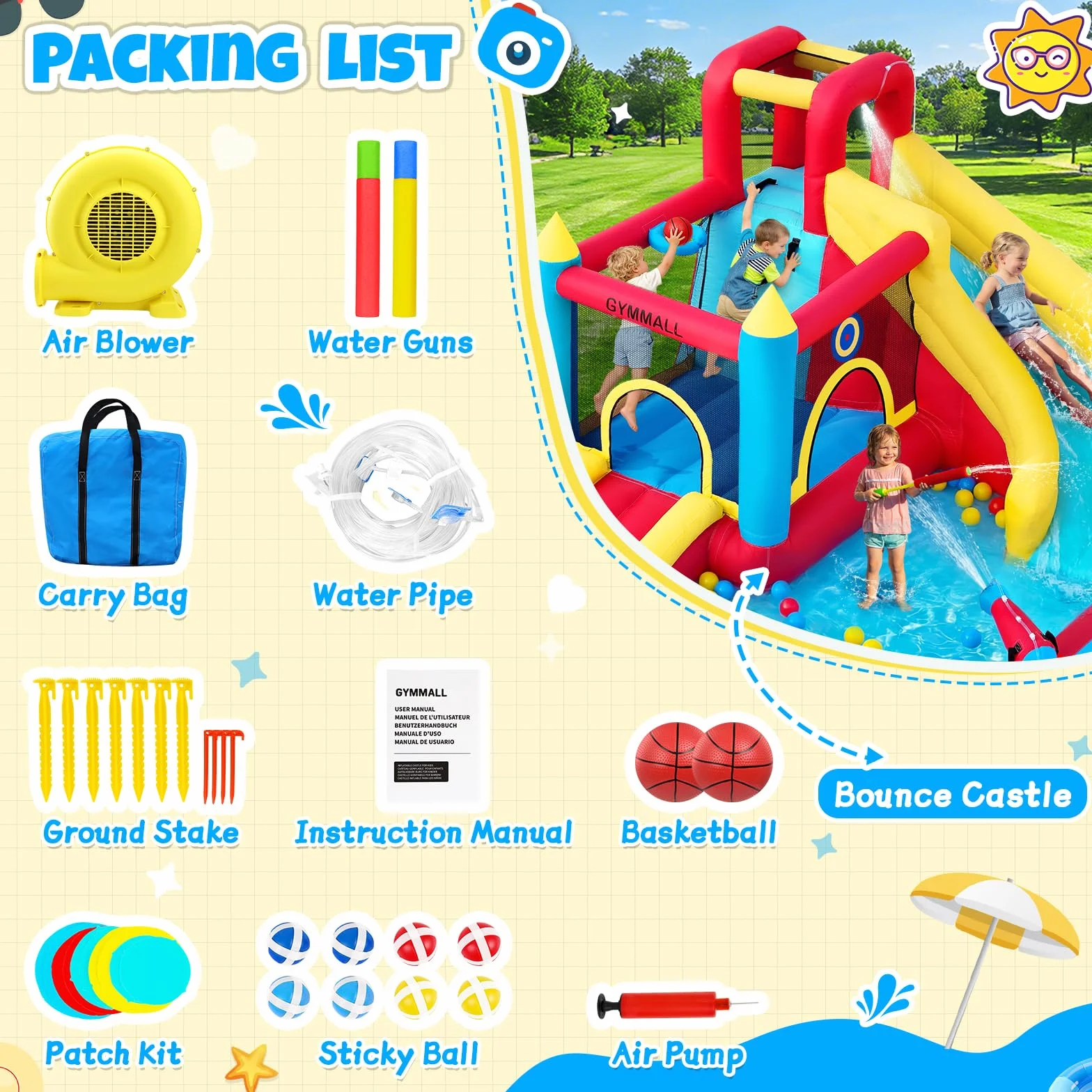 Castillo Hinchable para Niños, 8 en 1 con Soplador 480W, Tobogán Largo, Pared de Escalada, Trampolín y Zona de Chapoteo, Ideal para Uso Interior y Exterior en Vacaciones