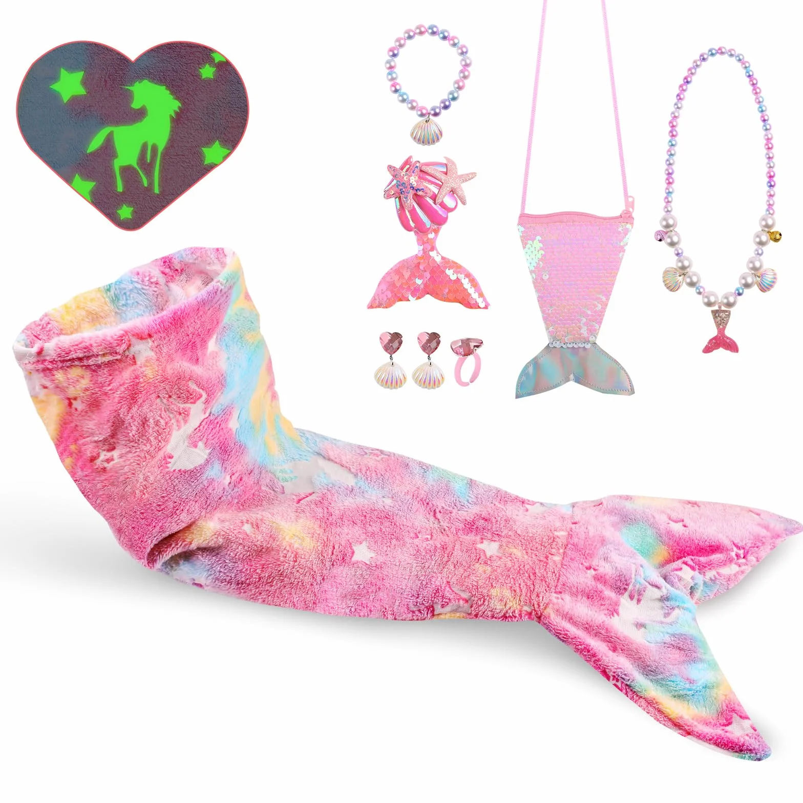 Cyiecw Saco Dormir Niña Manta Infantil Sirena 100x50CM, Aleta de Sirena Niños Manta Resplandor en la Oscuridad, Manta de Franela Sirena con Bolso de Lentejuelas y Accesorios de Joyería de Sirena