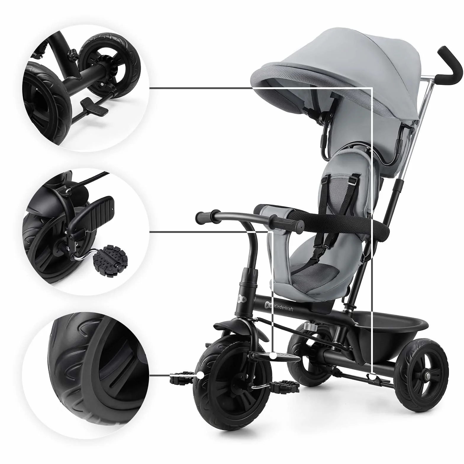 Kinderkraft Freeway 2, Triciclo Evolutivo para Bebé, Asiento Giratorio 360°, Pedales Libres, Arnés de 3 Puntos, Freno Central, 9 Meses a 5 Años, Rosa