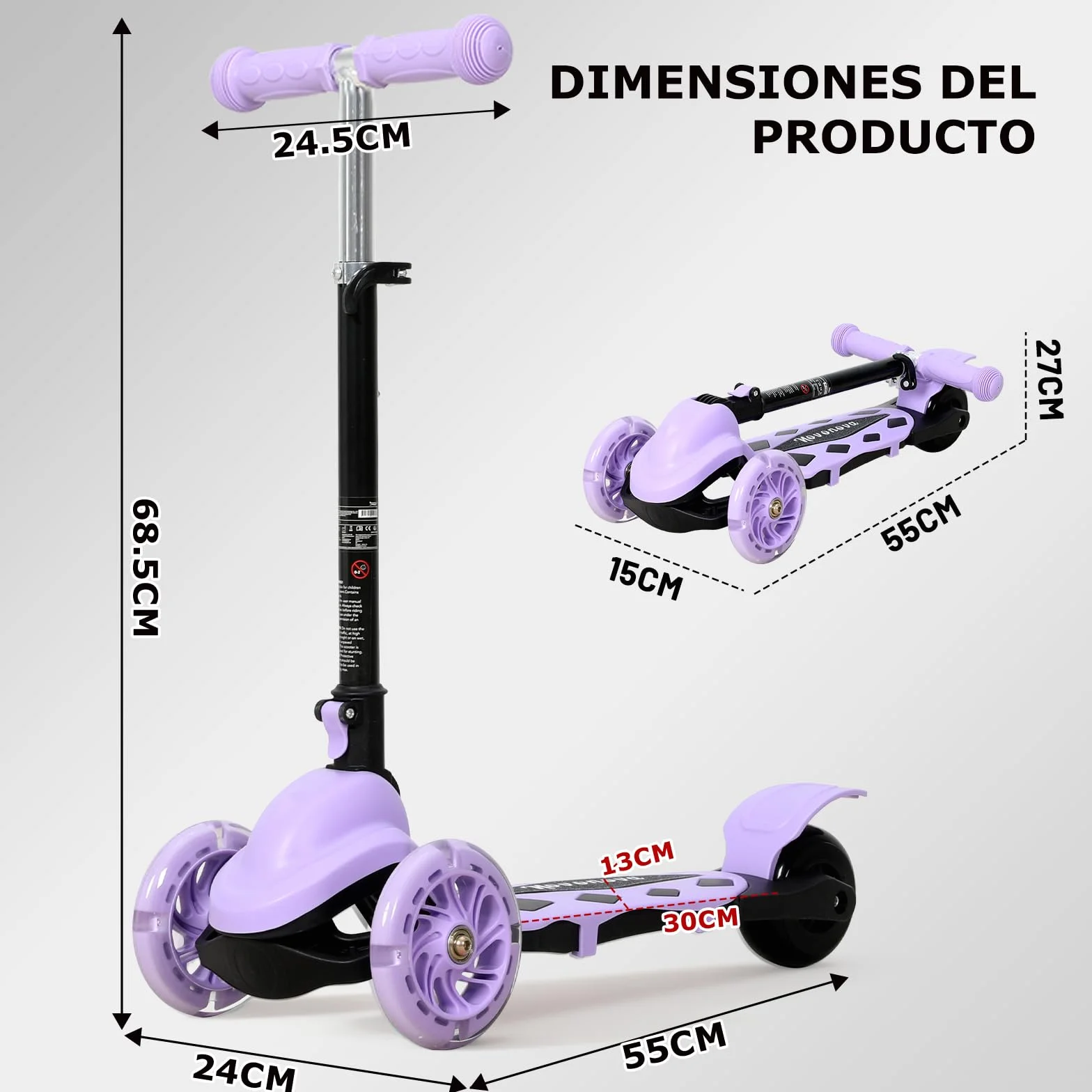 Patinete Scooter Plegable 3 Ruedas para Niños 2-5 Años, Manillar Ajustable 57-72cm, Luces y Freno Posterior, Máx. 50kg