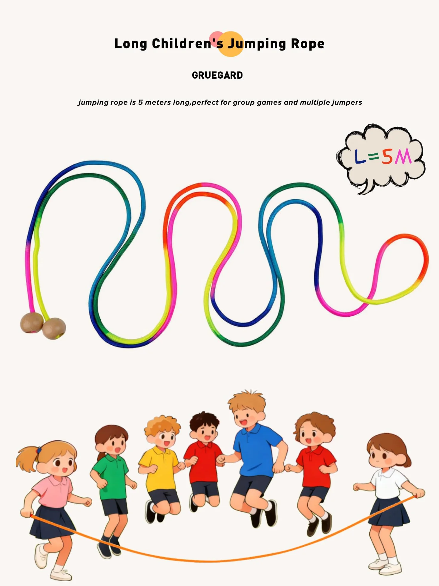 Cuerda de Saltar Niños 5m – Cuerda Larga Multijugador Arcoíris con Mangos de Madera para Niñas y Niños 6-10 Años