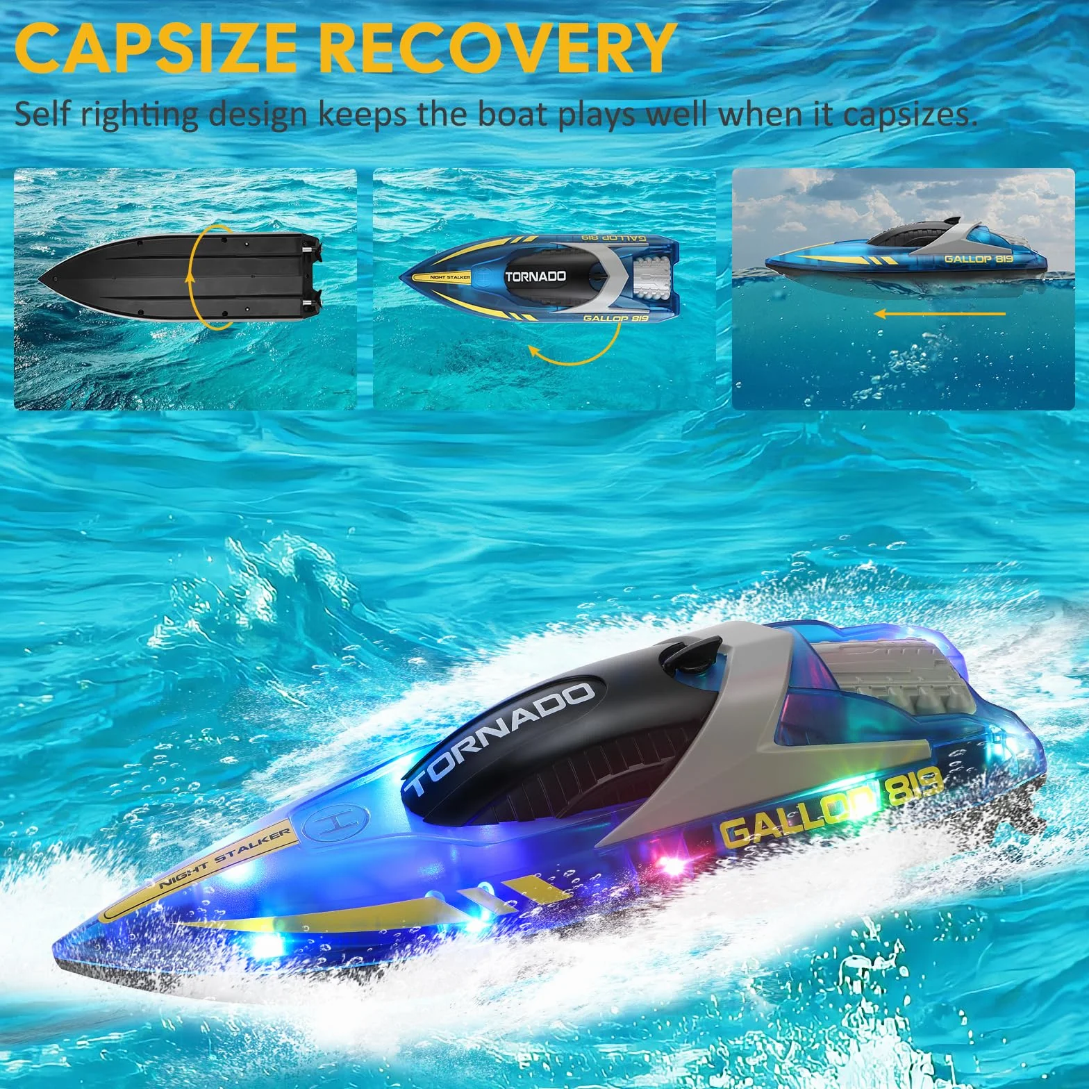 Coikes Barco a control remoto para niños y adultos, con luces LED, 2.4 GHz, alta velocidad, 15 km/h, doble hélice, lanchas de carreras para piscinas y lagos, juguetes de piscina recargables, regalos