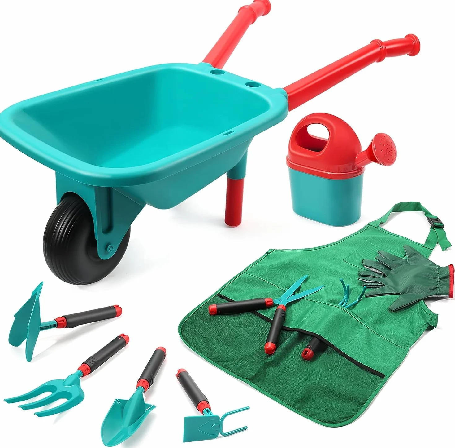 CUTE STONE - Carretilla infantil para niños, juego de herramientas para jardinería, juguetes de jardín con carretilla, guantes, rastrillo de mano, pala, doble azada, juguetes para interior y exterior