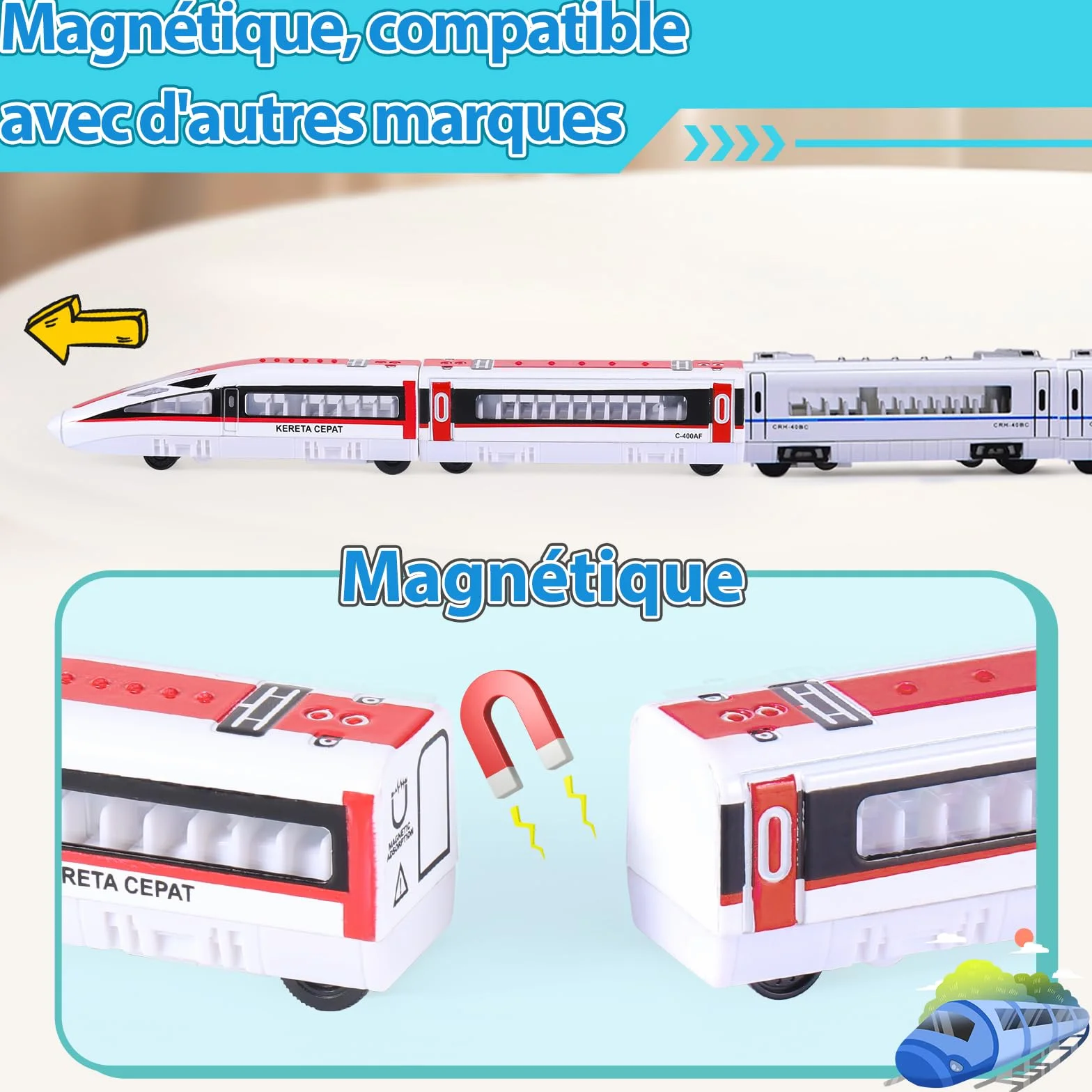 VBACALA Tren de Juguete Magnético para Niños, 4 Piezas con Locomotoras y Vagones, Juego Educativo con Función de Retroceso, Regalo Ideal para Pequeños Conductores para Niños +3 Años