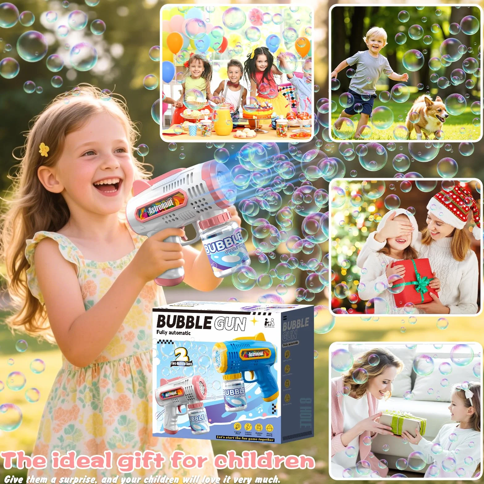 2 Pcs Pistola de Burbujas para Niños, Pistola Burbujas, Pistola de Burbujas Automática, Pistola de Pompas de Jabon, con 240ml Solución de Burbujas para Fiesta, Actividad al Aire Libre, Bodas