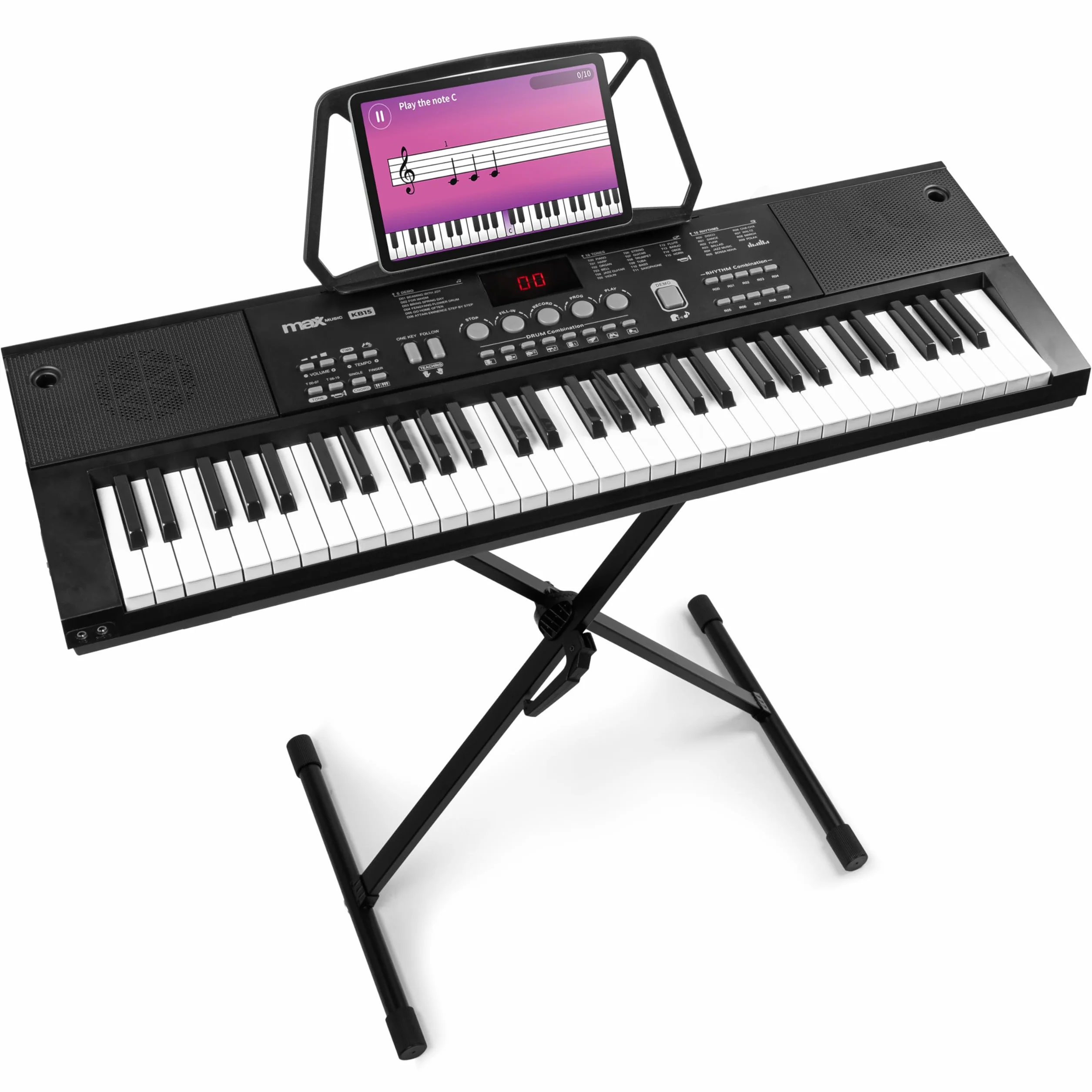 MAX KB15 - Teclado piano con 61 teclas, micrófono y pantalla, teclado con soporte, 8 horas de batería, 70 canciones, 16 sonidos, 8 percusiones, función de aprendizaje, teclado piano para niños, USB-C