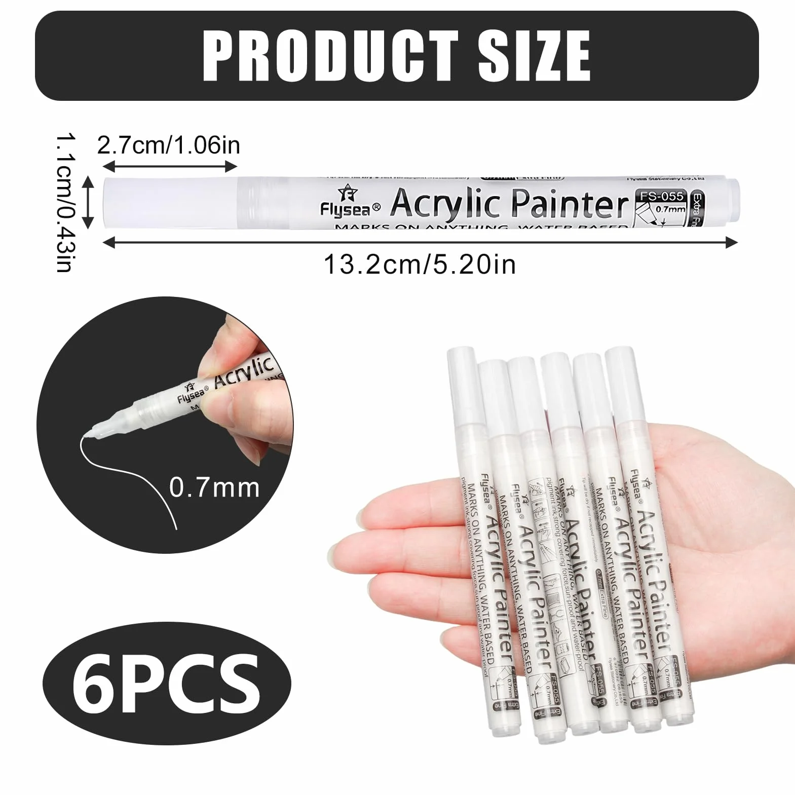 Lote de 6 rotuladores acrílicos blancos de secado rápido, punta de 0,7 mm, color blanco, punta fina, se pueden utilizar en diferentes superficies como papel madera, cáscaras de huevo, tela
