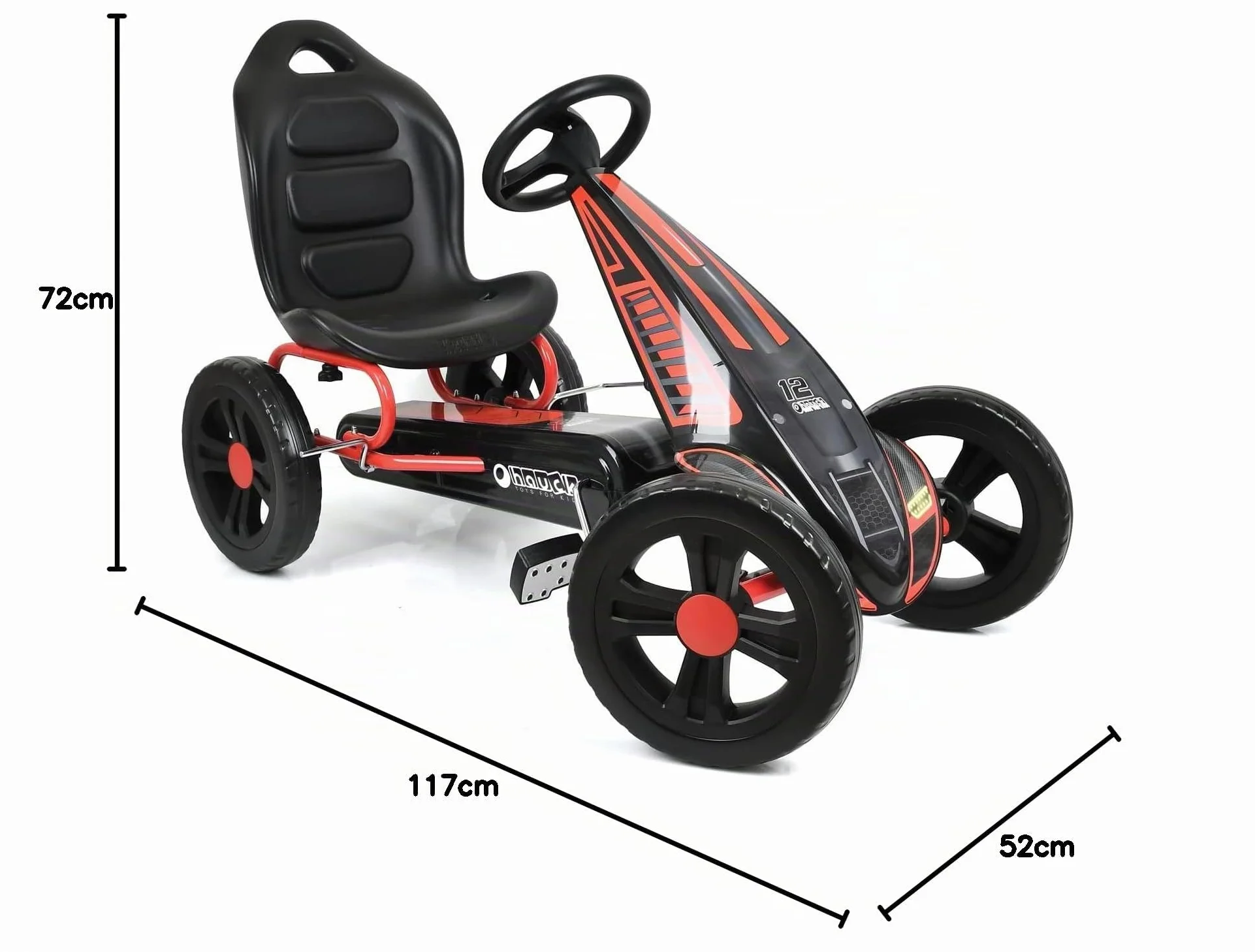 hauck Go Kart Cyclone - Kart Pedales para Niños de 4 a 10 Años - Coche Pedales con Ruedas de 12 Pulgadas - Go-Kart con Freno de Mano y Asiento Ajustable - Chasis de Acero - Negro/Rojo