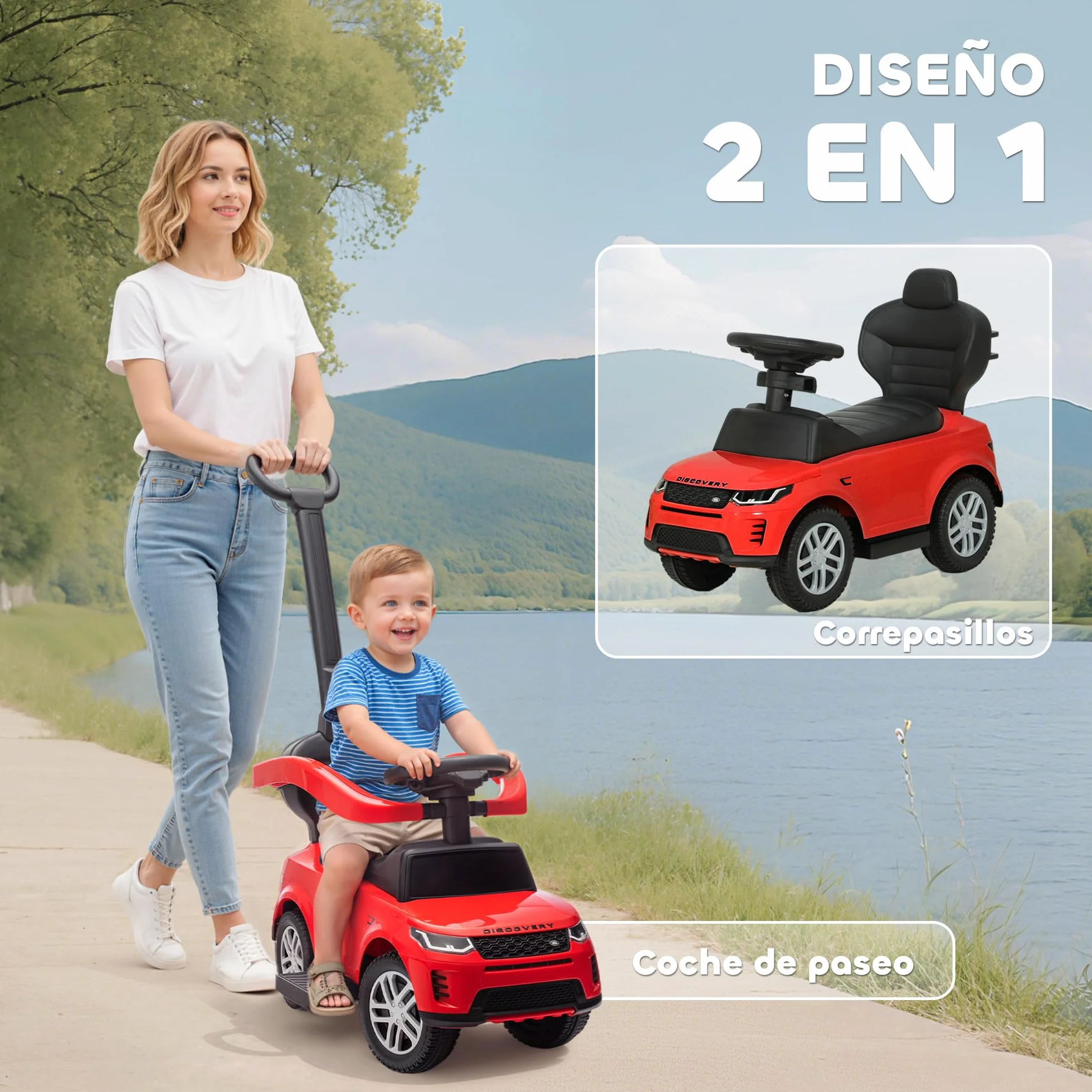 AIYAPLAY Coche Correpasillos 2 en 1 para Niños de 18-36 Meses Land Rover Discovery, Correpasillos con Espacio de Almacenaje, Bocina, Volante, Mango de Empuje y Barandilla Extraíbles, Rojo