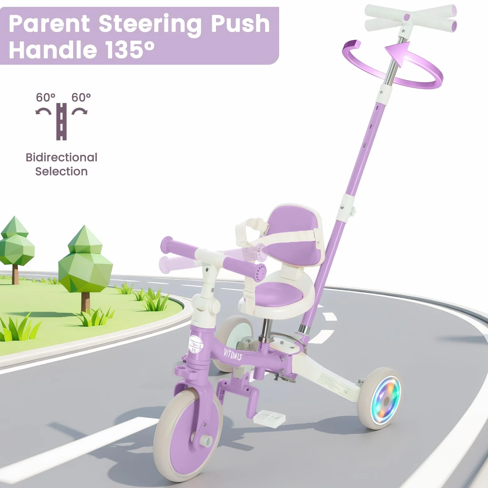 VITONIS Triciclo Infantil 5 en 1 para niños de 18 Meses a 5 años, con Ruedas Luminosas, Barra de Empuje, Respaldo y cinturón de Seguridad, Regalo para niños y niñas, Bicicleta sin Pedales, Morado