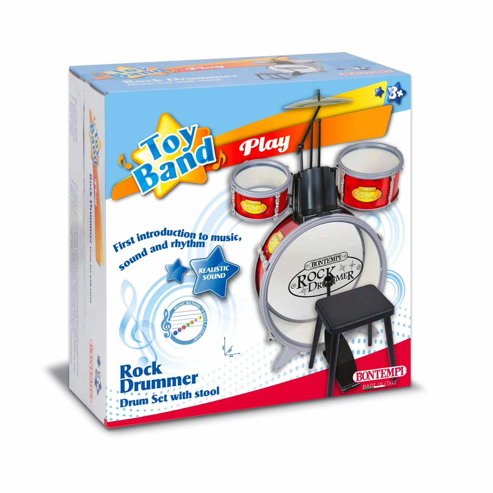 Bontempi BeatMaster: Batería para niños con sonidos realistas y mucha diversión, rojo y transparente, 500x500x680 mm