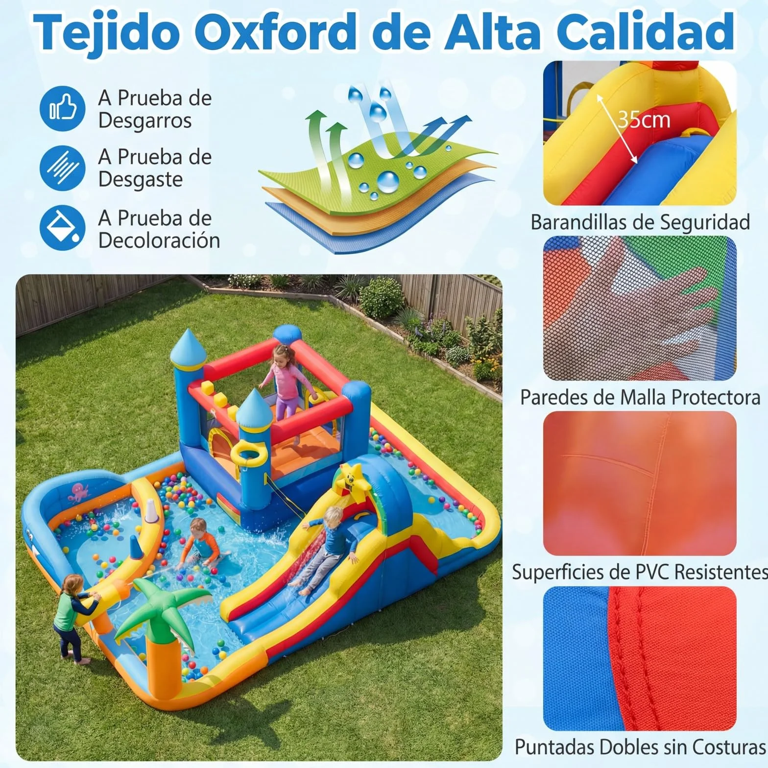 COSTWAY Castillo Hinchable, Parque Infantil con Temática de Playa con Muro de Escalar, Cañón de Agua, Pelotas Oceánicas, Fútbol, Baloncesto, Voleibol, Castillo Inflable al Aire Libre (sin soplador)