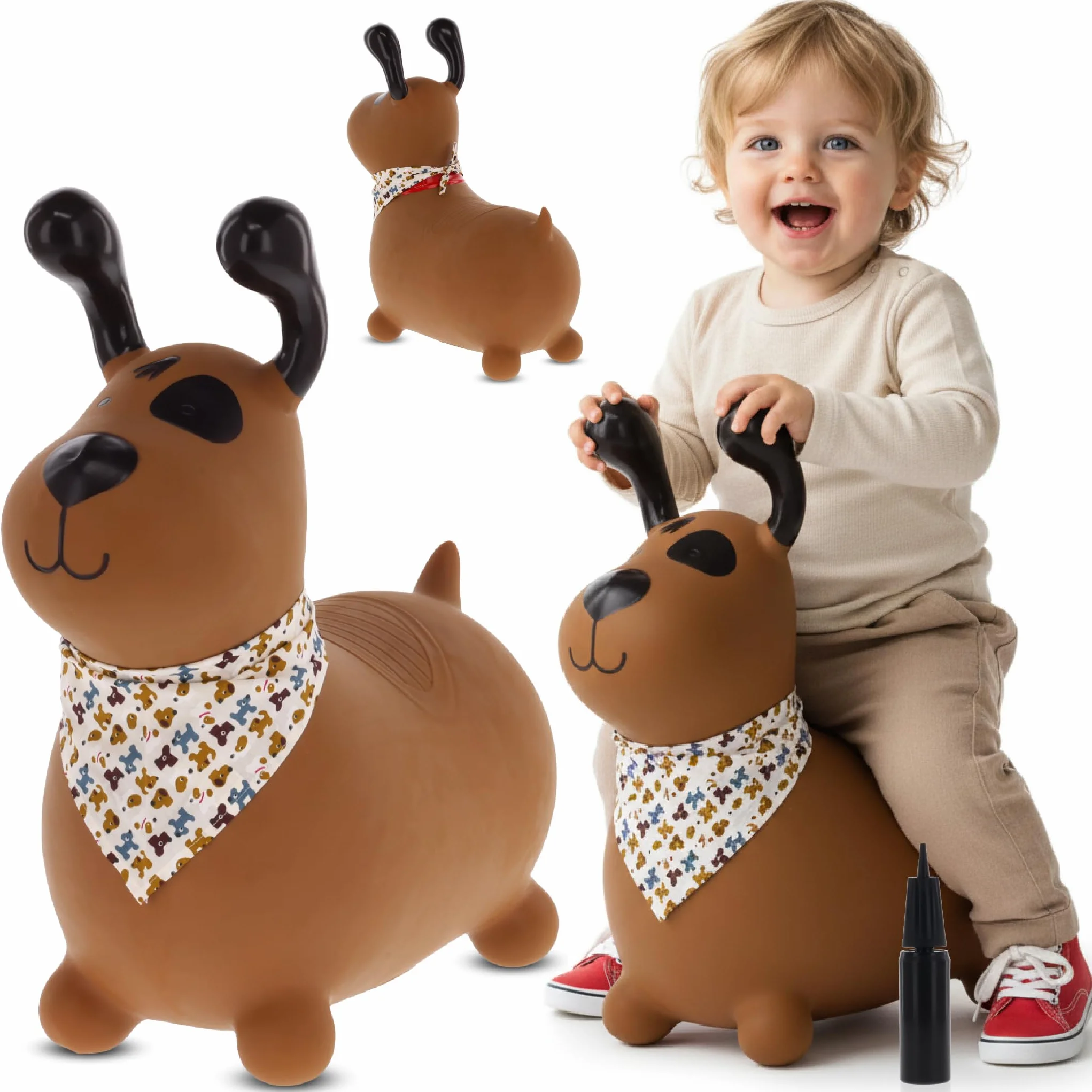 sun baby Saltador Hinchable para Niños hasta 45 Kg sin BPA, de 1 año, Pelotas saltarinas para niños (Perro marrón con Bandana)