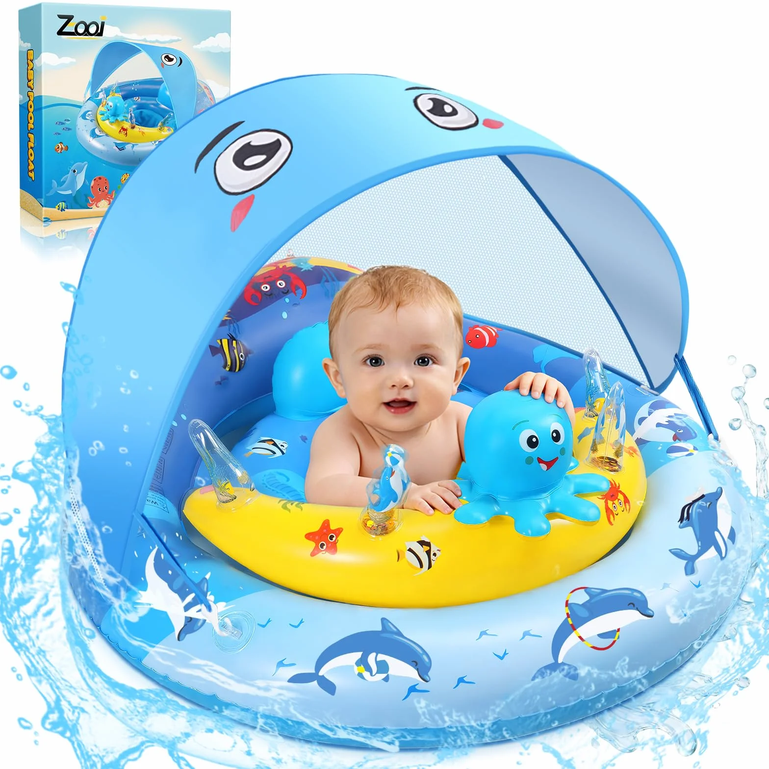 ZOOI Flotador Bebe con Sombrilla Partir de 6 Meses, UPF 50+ Flotador Bebe con Sombrilla y Asiento de Seguridad, Entrenador de NatacióN Adecuado Para 10-20 KG, Bola de Equilibrio Para Evitar Vuelcos