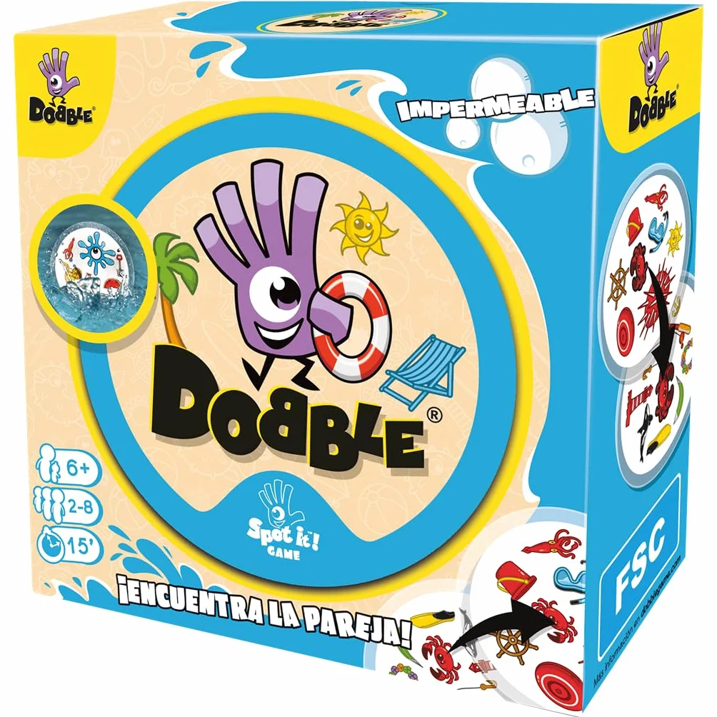 Asmodee Dobble Impermeable Juego de Cartas de Observación y Velocidad, 2-8 Jugadores, 6+ Años, 15 Minutos