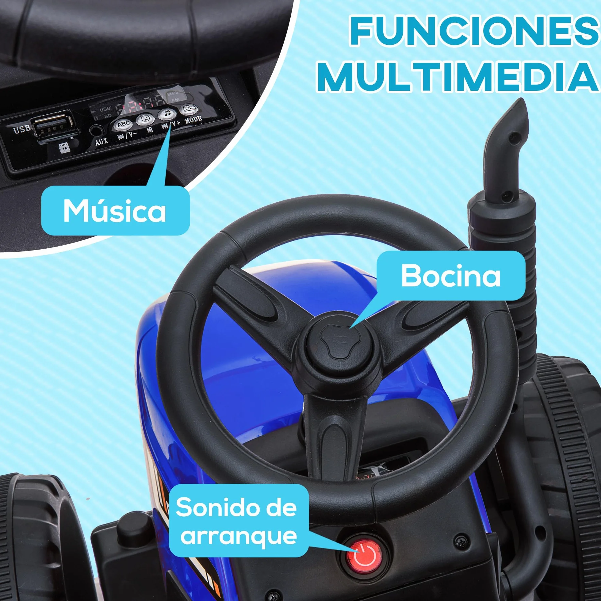 HOMCOM Tractor Eléctrico con Remolque Desmontable para Niños 3-6 Años Control Remoto Música MP3 Luces 136,5x50x52,5 cm Azul