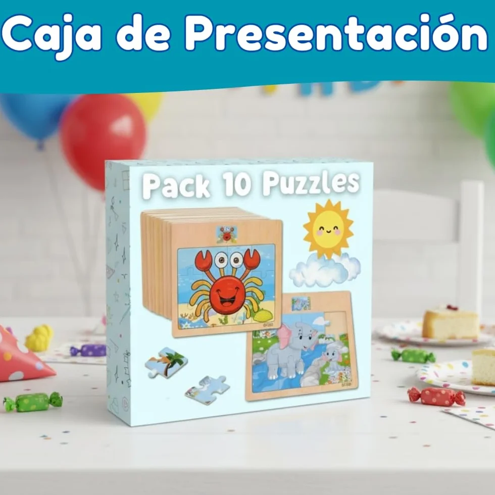 Pack 10 Puzzle Madera, Puzzles Infantiles Niños 3 a 8 Años, Juguetes Educativos, Regalos Cumpleaños Niños, Set de 10 Rompecabezas con Dinvertidos Animales (Pack 10 Puzzles)