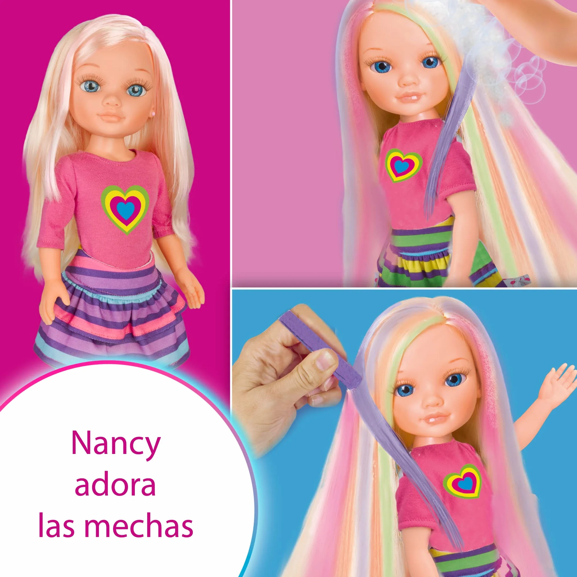 Nancy - Un día Haciendo mechas, Muñeca Rubia con Pelo Largo para Hacer Mechas y Peinados Creativos con Tizas de Colores, Accesorios Incluidos, Regalo para Niños y Niñas + 3 años, Famosa (700013865)