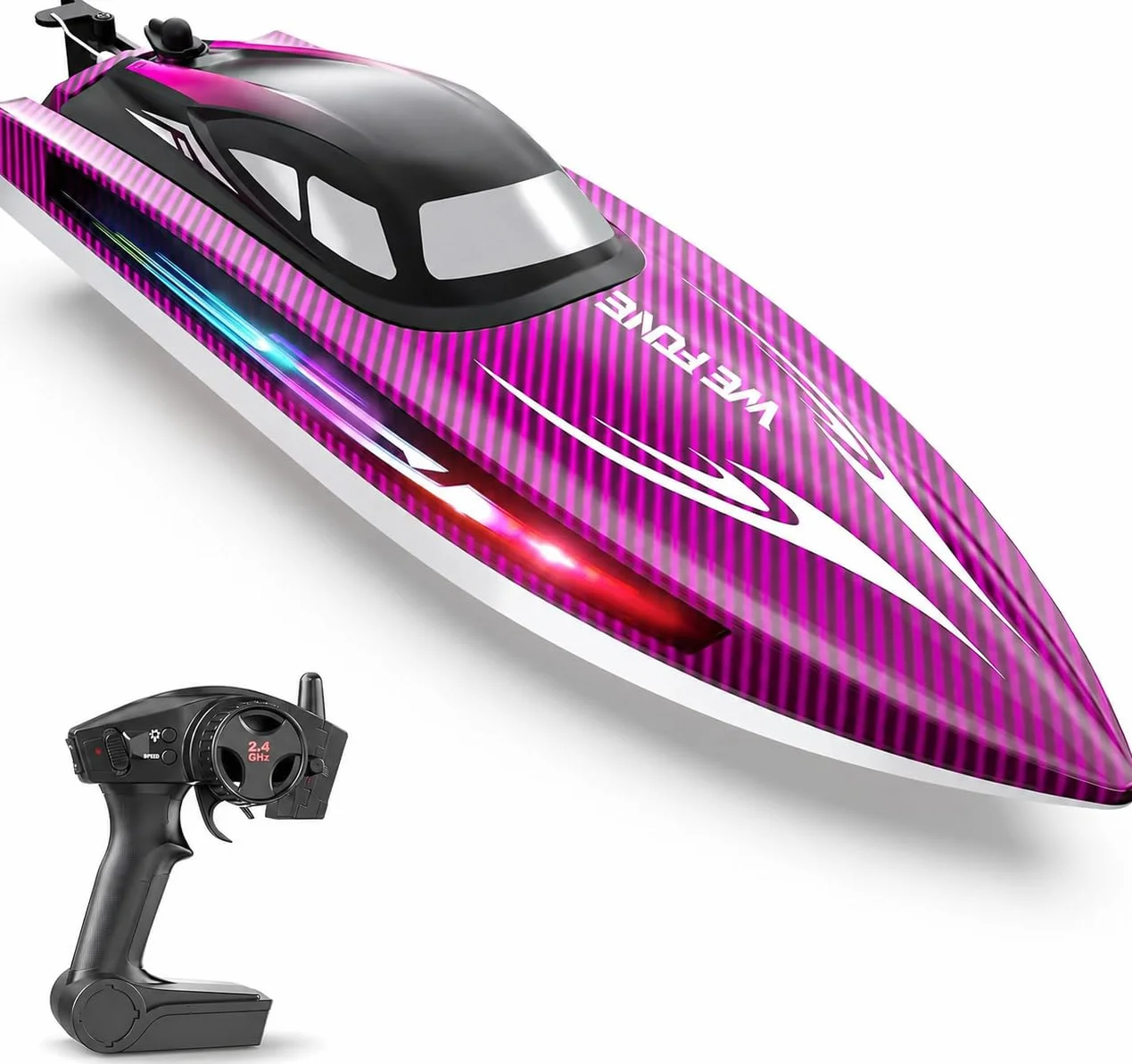 WeFone Barco RC de Alta Velocidad para Niños y Adultos, Más de 15 mph, Lancha Teledirigida con Luces LED, Autoenderezable, Modo Demo, Impermeable, Piscinas y Lagos, 2 Baterías 40 Min, Morado