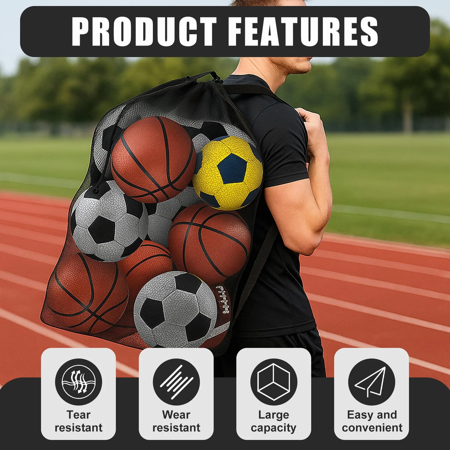 Saco de Malla para Pelotas 75x100 cm con Cordón para 10-15 Bolas Baloncesto Fútbol Voleibol Negro