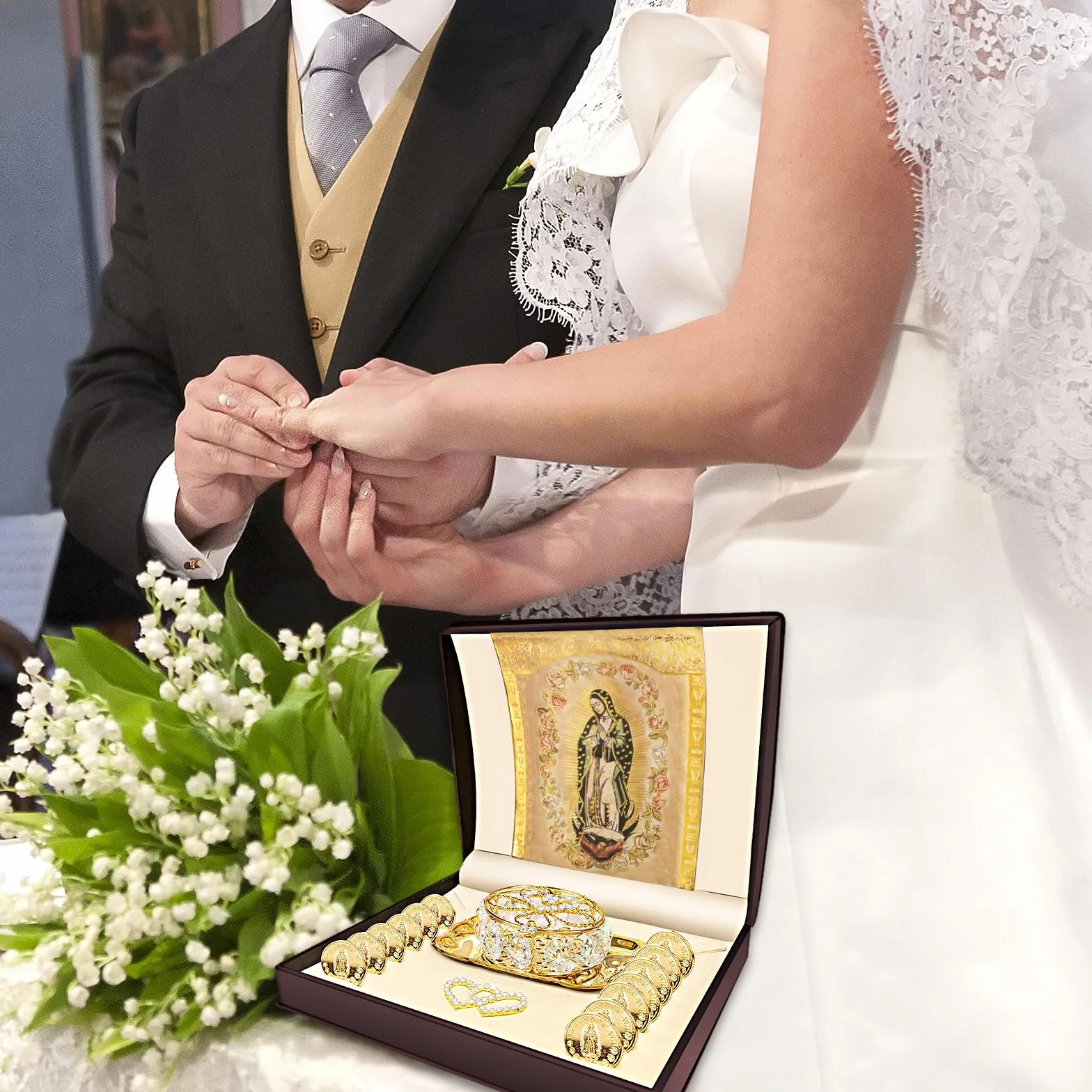 ESNOY Arras De Boda Católica Virgen De Guadalupe Regalos, Arras Para Boda Catolica, Arras De Matrimonio, Arras para Monedas de Boda Católica, Clásico Oro Ceremonia Arras Set Decoracion Accesorios de
