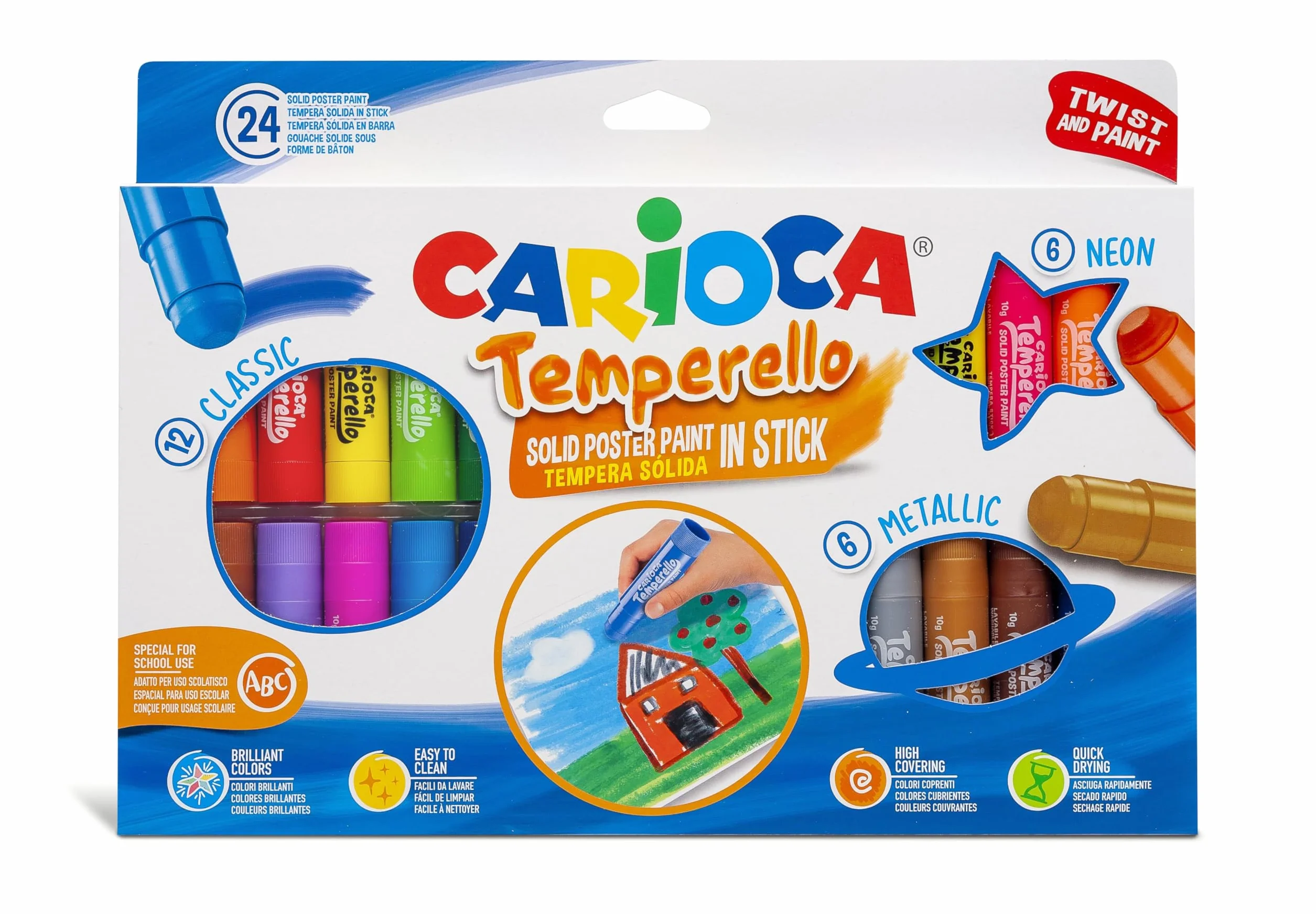 Carioca Temperello | Caja de 24 Témperas Sólidas en Barra | 24 Colores Brillantes y Mezclables | Secado Rápido sin Arrugar el Papel | Pintura Multisuperficie para Madera, Cartón y Cartulina