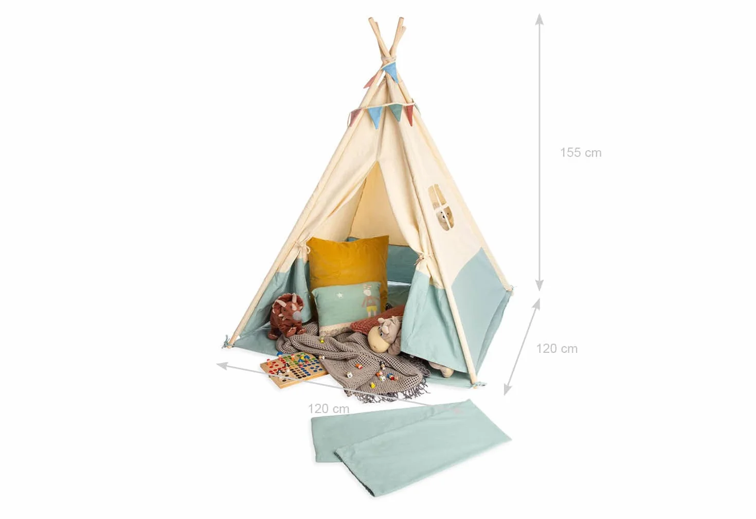 Pinolino Tipi Yuma - Tienda de campaña de Tela y Madera con Ventana, Alfombra de Suelo y Bolsa de Almacenamiento, para niños a Partir de 3 años, Tela con Tonos Pastel y banderines