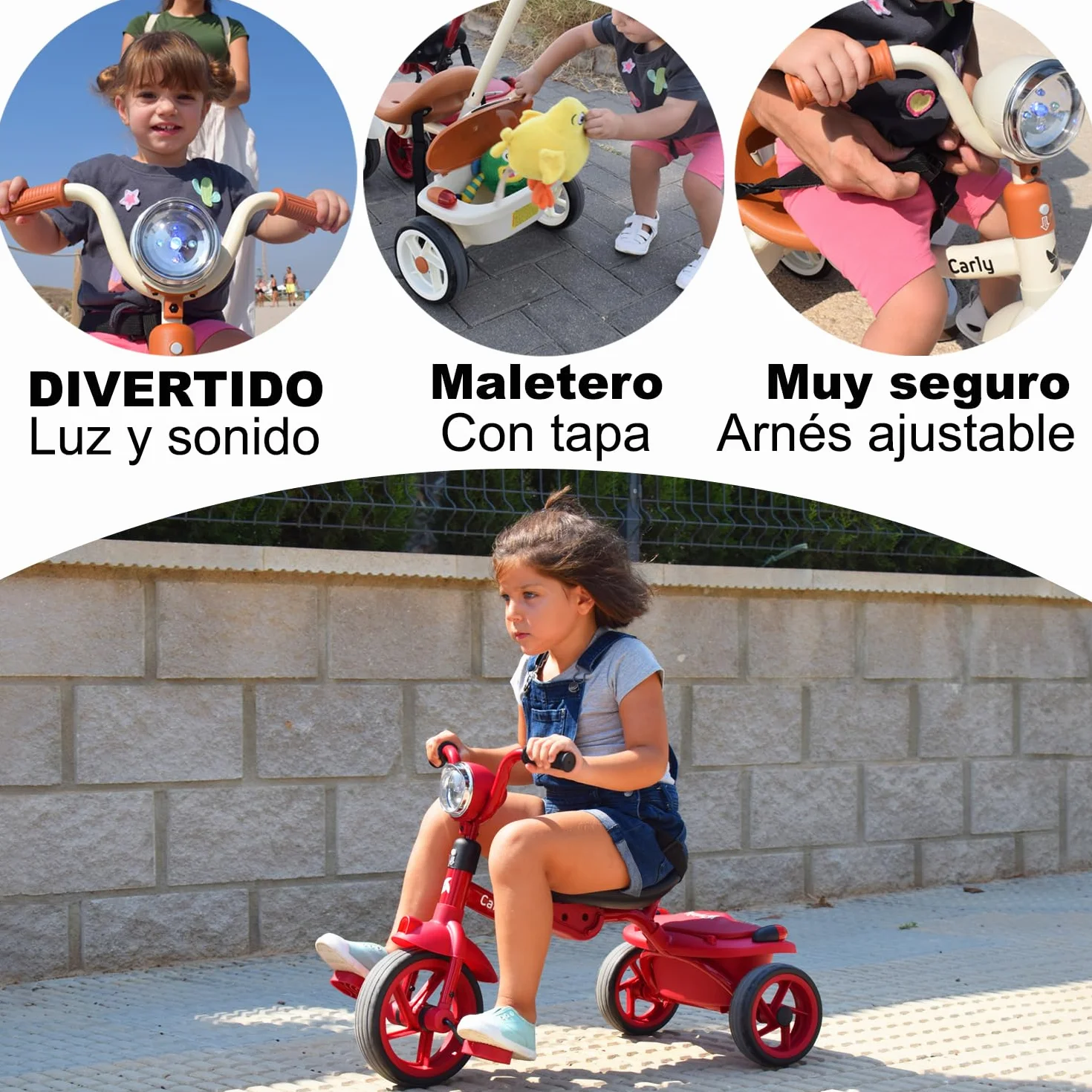 Twinly Triciclo Evolutivo Plegable Carly, Blanco, 1-5 Años | Ligero y Compacto, Manillar con Luz y Sonido, Cesta Incluida, Barra de Empuje Ajustable