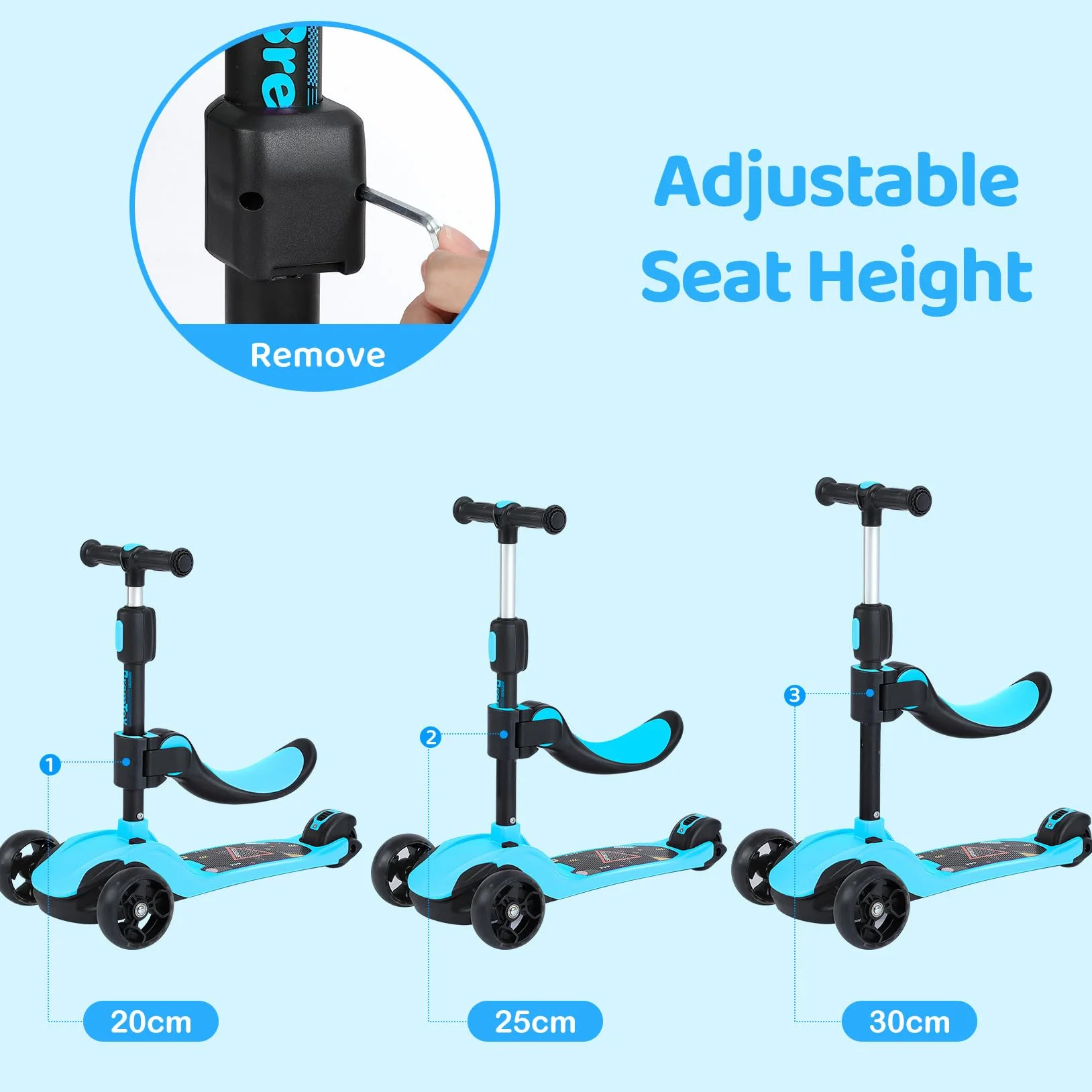 BremToy Patinete para Niños de 1 a 12 Años, Ajuste de Altura Infinito, Patinete con Asiento Extraíble, 3 Ruedas Brillantes LED, Carga Máxima 50KG, Regalos para Niños