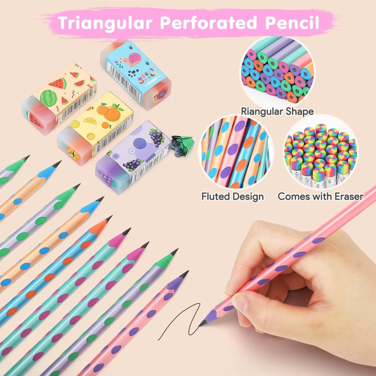 SKAMORI 60 Piezas Lapices con Gomas Niños Regalo, 20 Gomas de Borrar Divertidas + 20 Lápices Triangulares + 20 Notas Adhesivas, Regalos Cumpleaños Niños Colegio & Detalles Cumpleaños Infantil