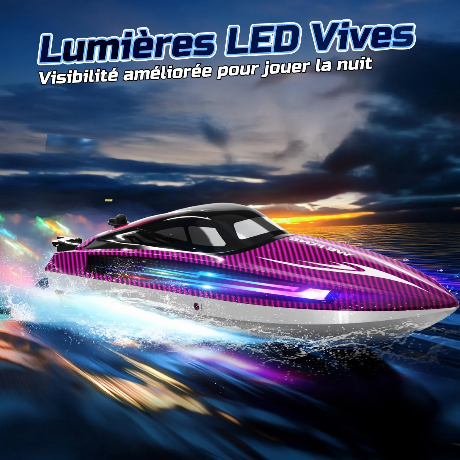 WeFone Barco RC de Alta Velocidad para Niños y Adultos, Más de 15 mph, Lancha Teledirigida con Luces LED, Autoenderezable, Modo Demo, Impermeable, Piscinas y Lagos, 2 Baterías 40 Min, Morado
