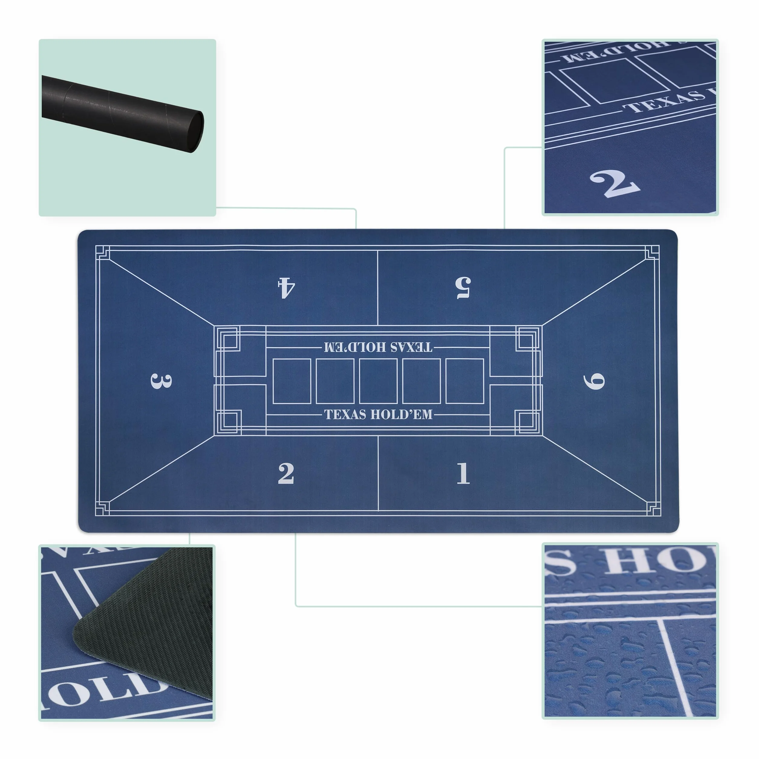 Relaxdays Tapete Póquer, 120 x 60 cm, Mantel Poker Texas Hold'em, Alfombrilla Antideslizante, Bolsa, 6 Jugadores, Azul