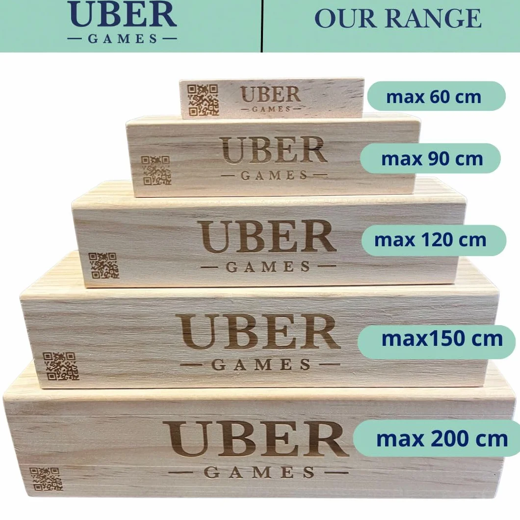 Ubergames Torre gigante tambaleante de hasta 160+ cm XXL Jumbo Hi-Tower en bolsa – 1,6 m (máximo en el juego). Juego de torre de madera de pino macizo - Bloques extra de lujo y bolsa (hasta 160+ cm)