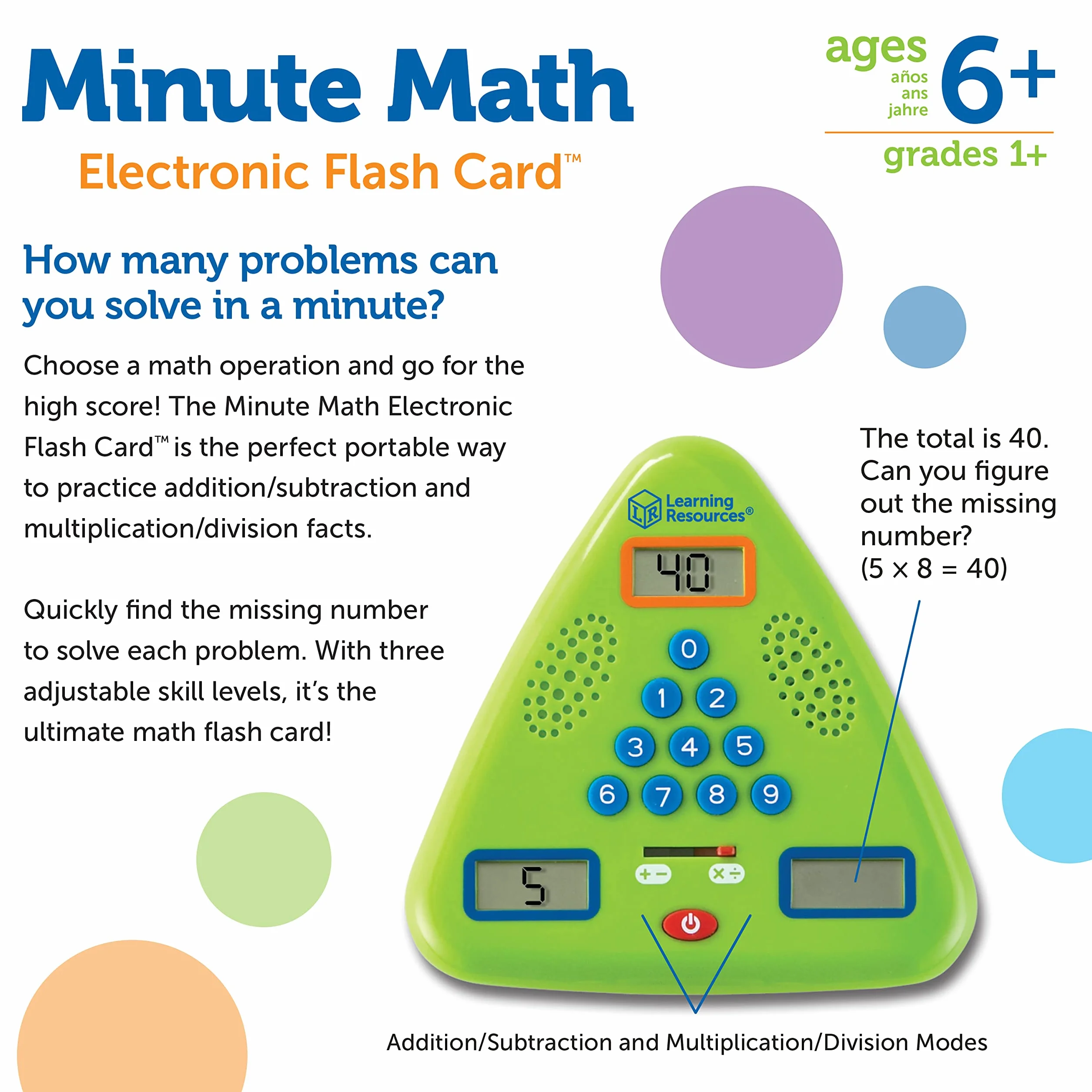 Learning Resources Minute Math, 6–10 Años, Juego Electrónico de Matemáticas, Mejora el Cálculo Mental con Desafíos Flash