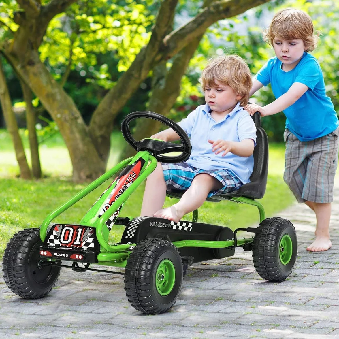 RELAX4LIFE Go Kart para Niños Con Freno de Mano y Asiento Ajustable, Coche de Pedales Con Ruedas Antideslizantes, 3-6 Años, Regalo, Carga 30kg (Verde)