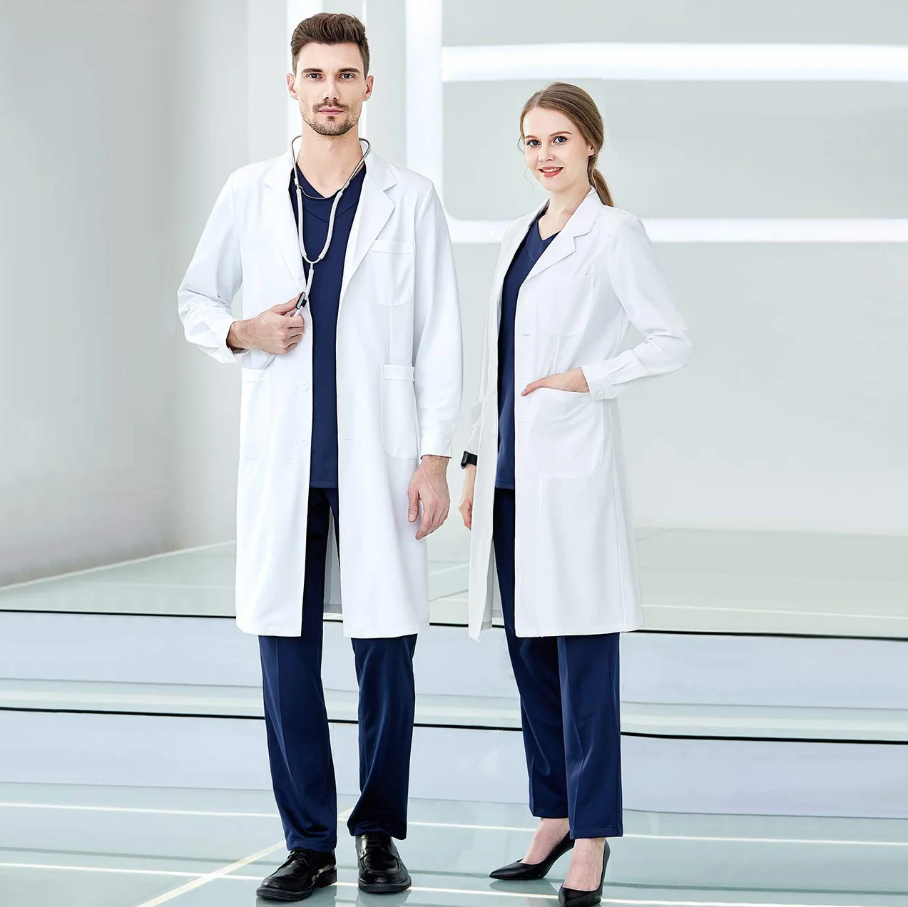 Bata Laboratorio Médico Blanco Larga para Hombres y Mujeres Uniformes Sanitarios