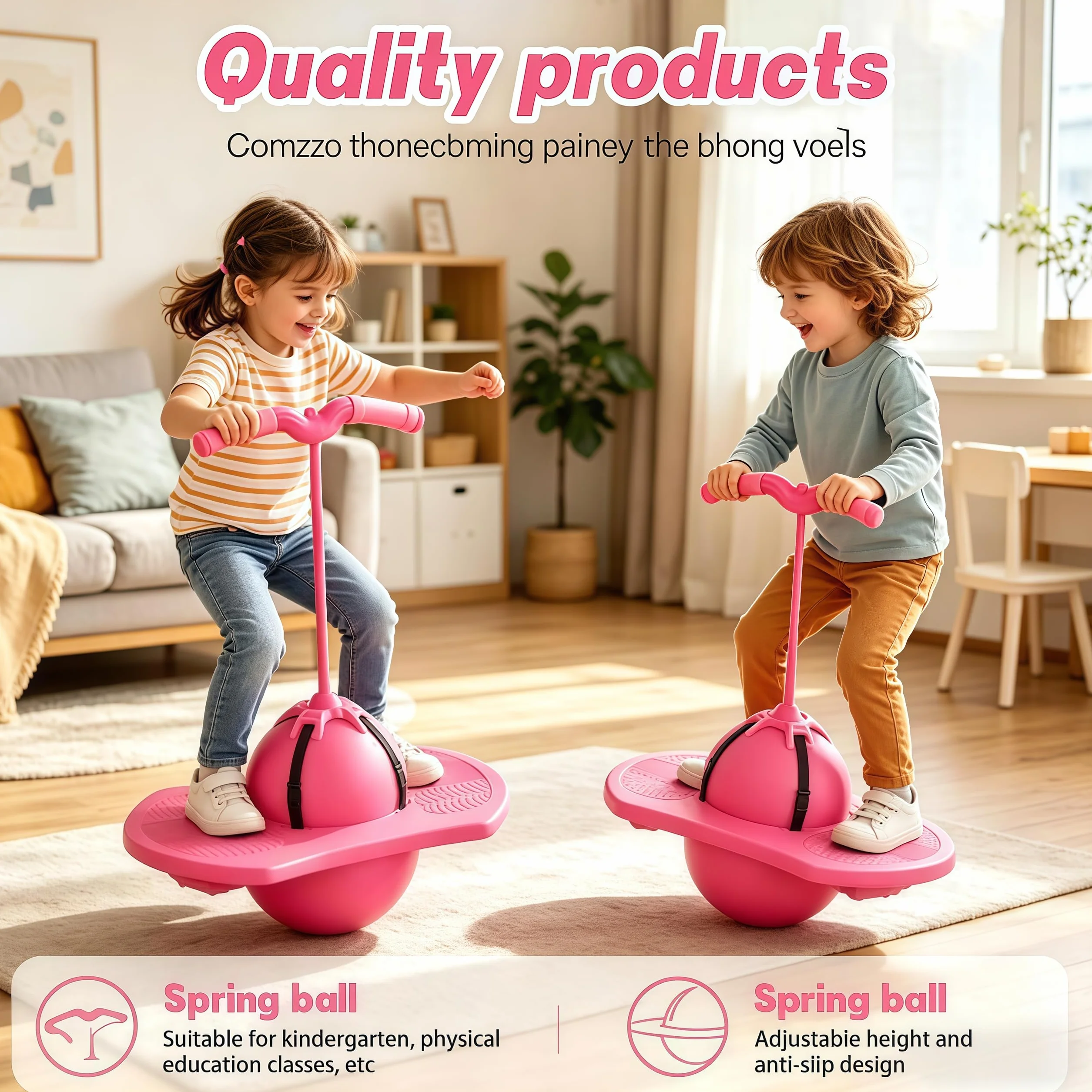 Balón de Salto Equilibrado, Pelota Saltarina con Mango,Balón para Saltar, Pelota de Salto de Pogo,con Bomba, para Interior Exterio (Rosa)