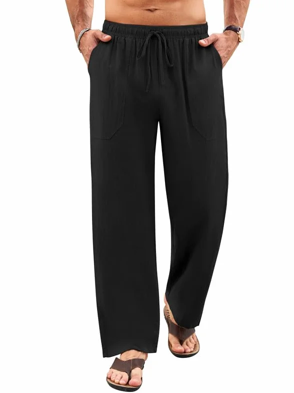 Pantalones de Lino para Hombre Casuales de Verano con Bolsillos Color Sólido Holgados con Cordón