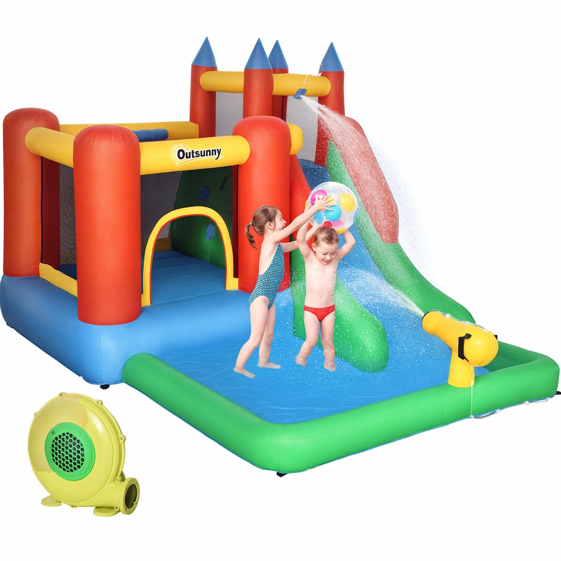 Outsunny Castillo Hinchable para Niños +3 Años 6 en 1 Castillo Inflable con Inflador Parque Acuático con Tobogán Zona de Salto Piscina y Bolsa de Transporte 330x245x215 cm Multicolor