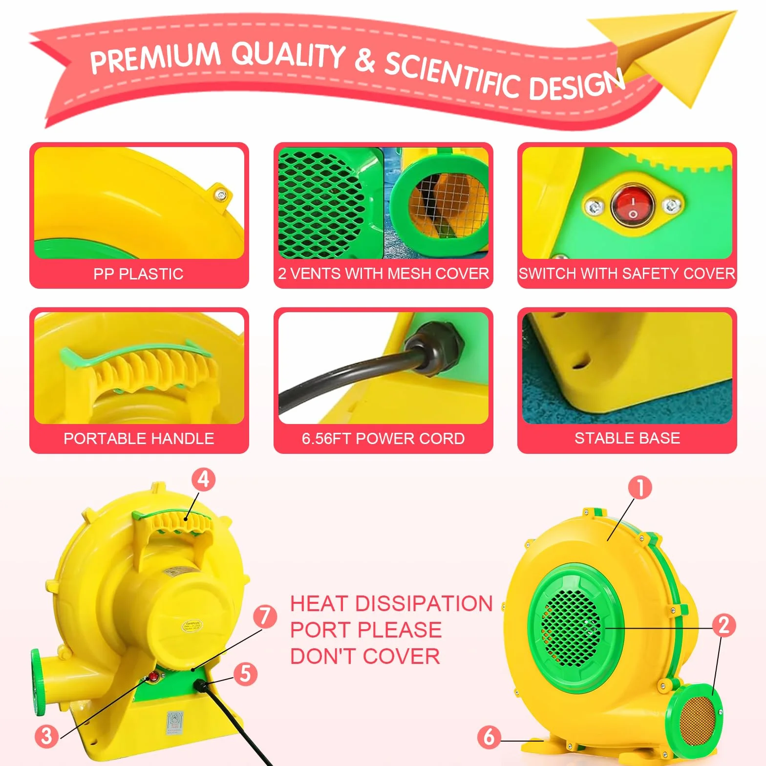 750W Soplador Eléctrico y Bomba de Aire con Mango y Estacas, Ventilador de Extracción Comercial para Castillo Hinchable, Castillo Inflable, Tobogán de Agua