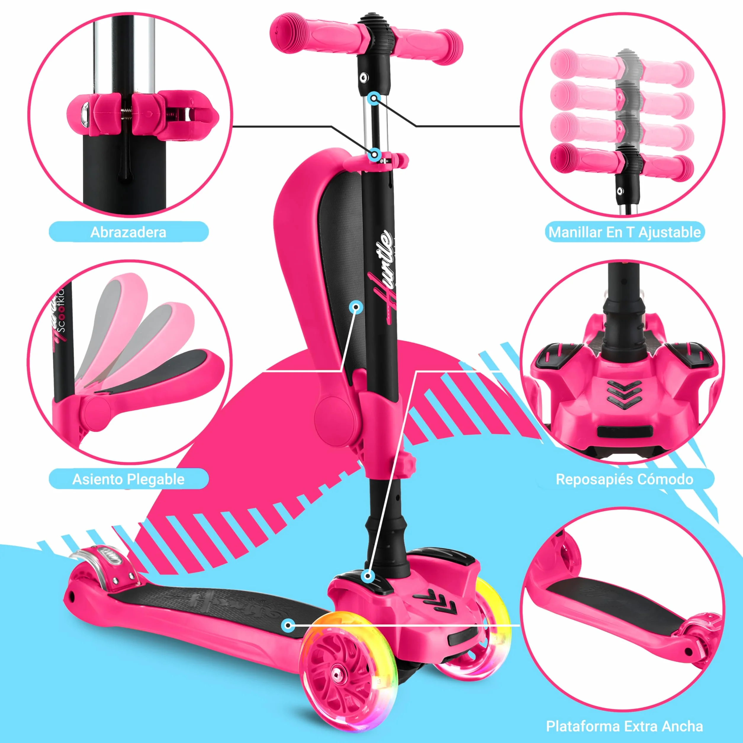 Hurtle Patinete, Scooter para niños, 2 años en adelante, Asiento abatible, Altura Ajustable, Monopatin 2 en 1, Luces Intermitentes
