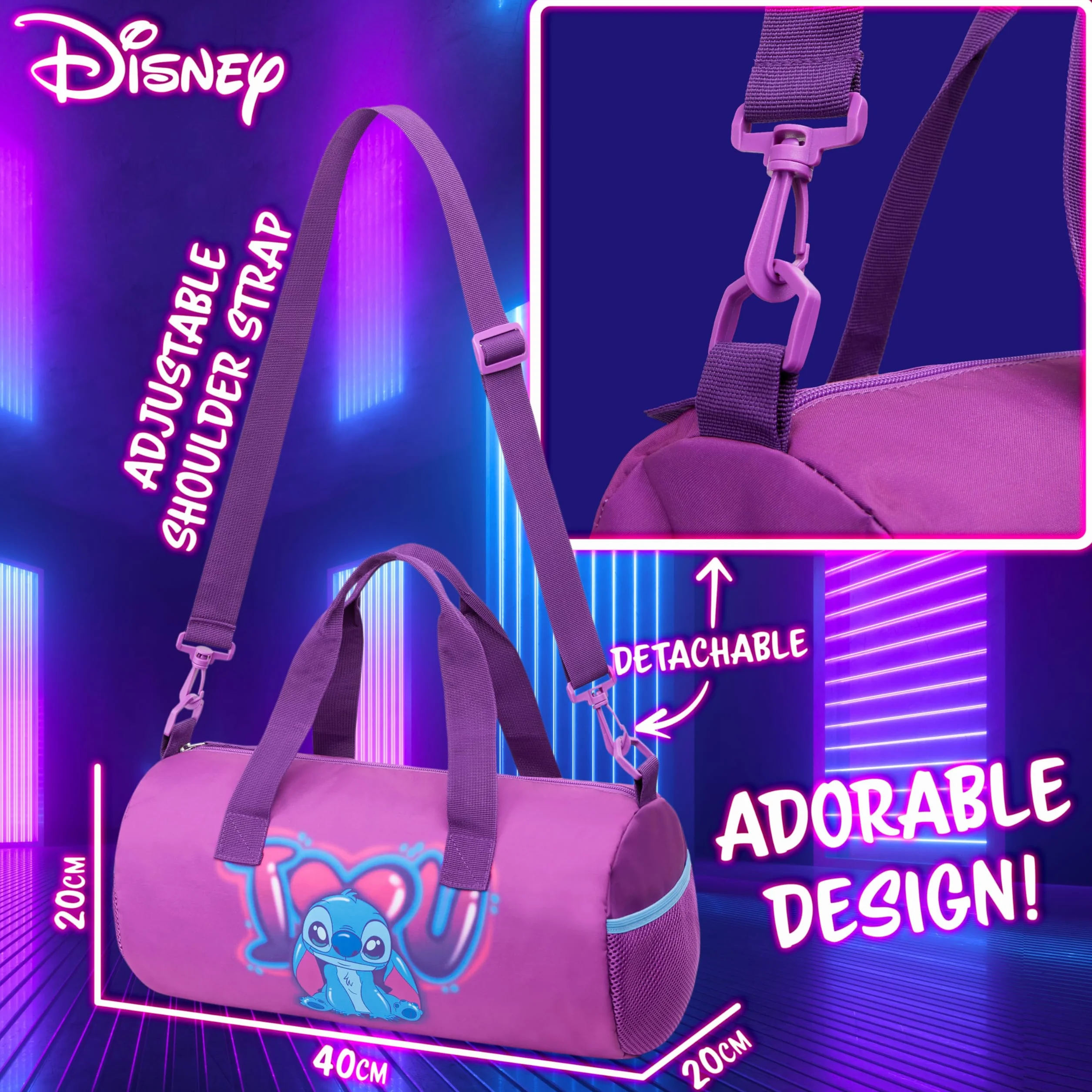 Disney Stitch Bolsa Deporte Niño Niña 39.5×19.5cm Correa Ajustable Viaje Colegio Regalo Púrpura