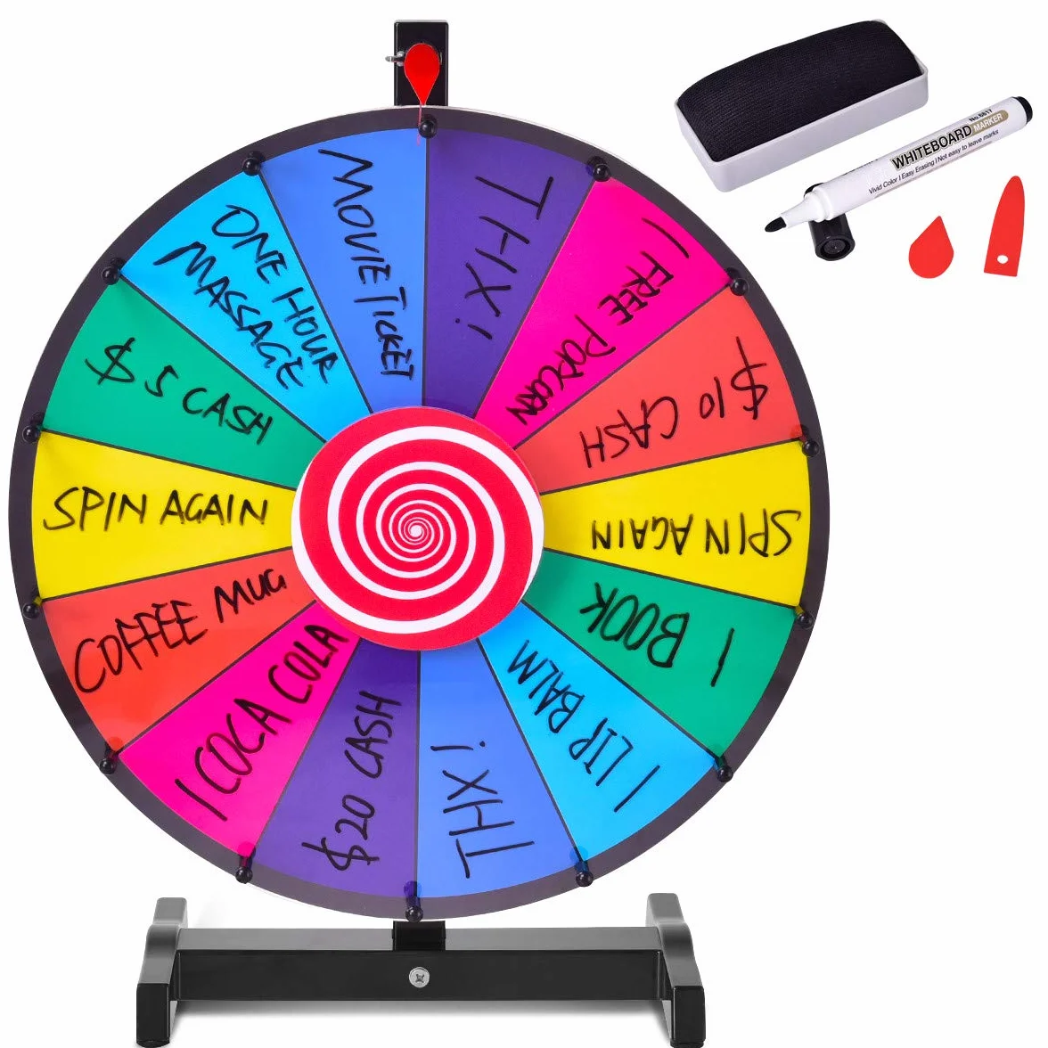 COSTWAY Ruleta de la Suerte 18 Pulgadas, Rueda de la Fortuna con Soporte y Pluma Borrable para Fiesta