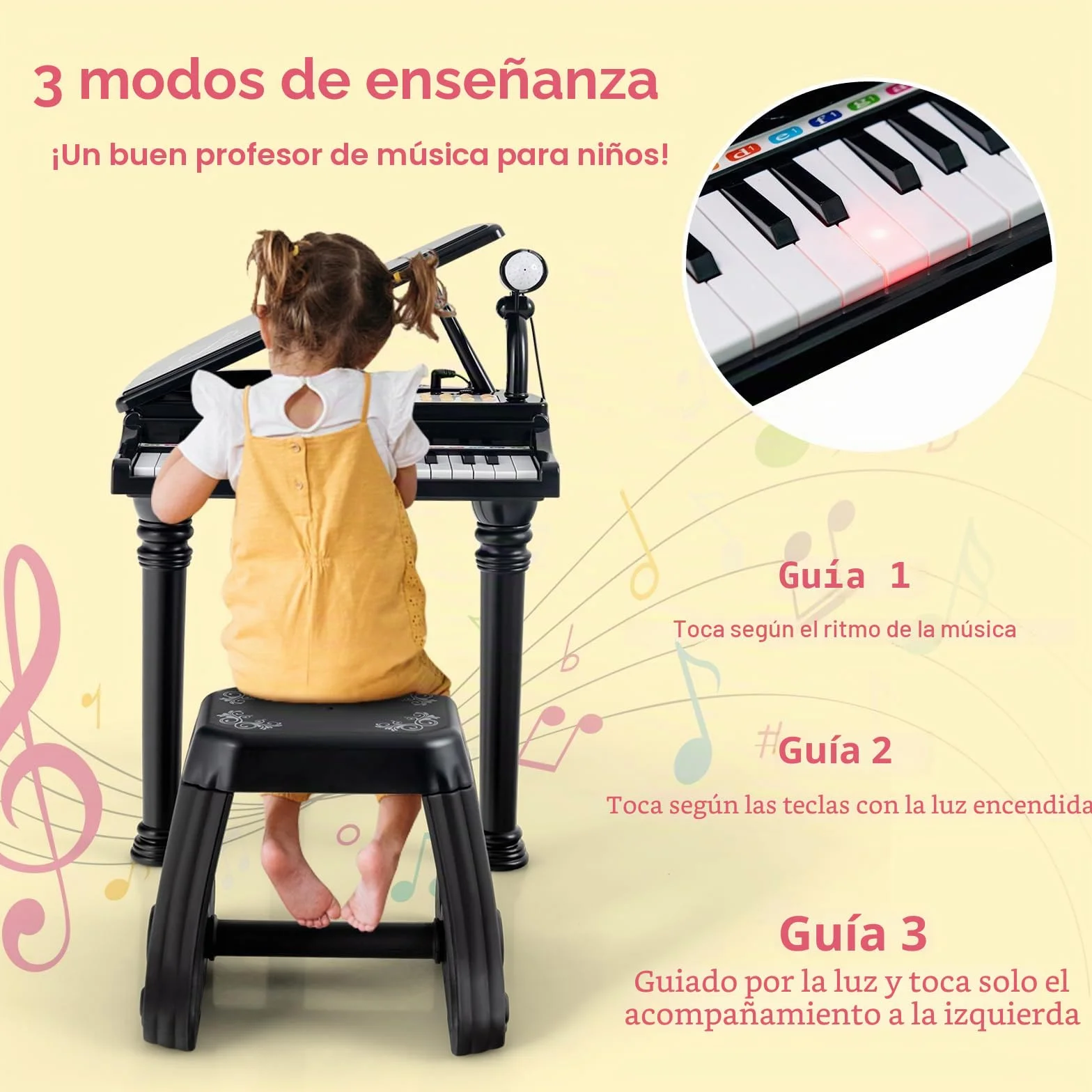RELAX4LIFE Piano para niños con 31 teclas y taburete, teclado piano electrónico con micrófono ajustable, juguete musical regalo para niños a partir de 3 años (negro)