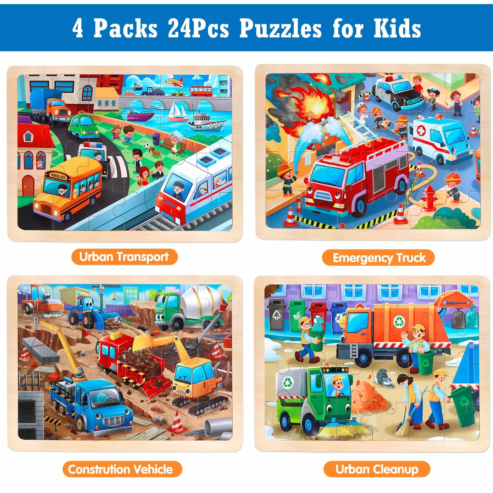 Juego de 4 Puzzle de Madera para Niños, Rompecabezas de 24 Piezas, Puzzle Juego de Coches de Juguete, Juguete Educativo para Infantiles de 3 4 5 6 años, Juguete de Regalo para Niña Niño
