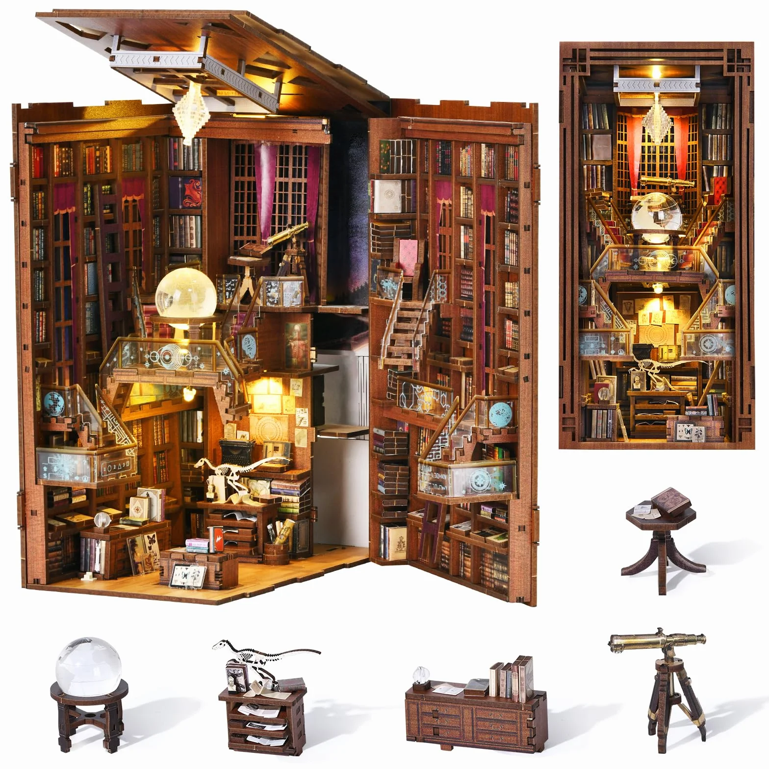 MiniCity Book Nook Kit DIY Miniature Booknook 3D Puzzle Madera con Luz LED para Estantería