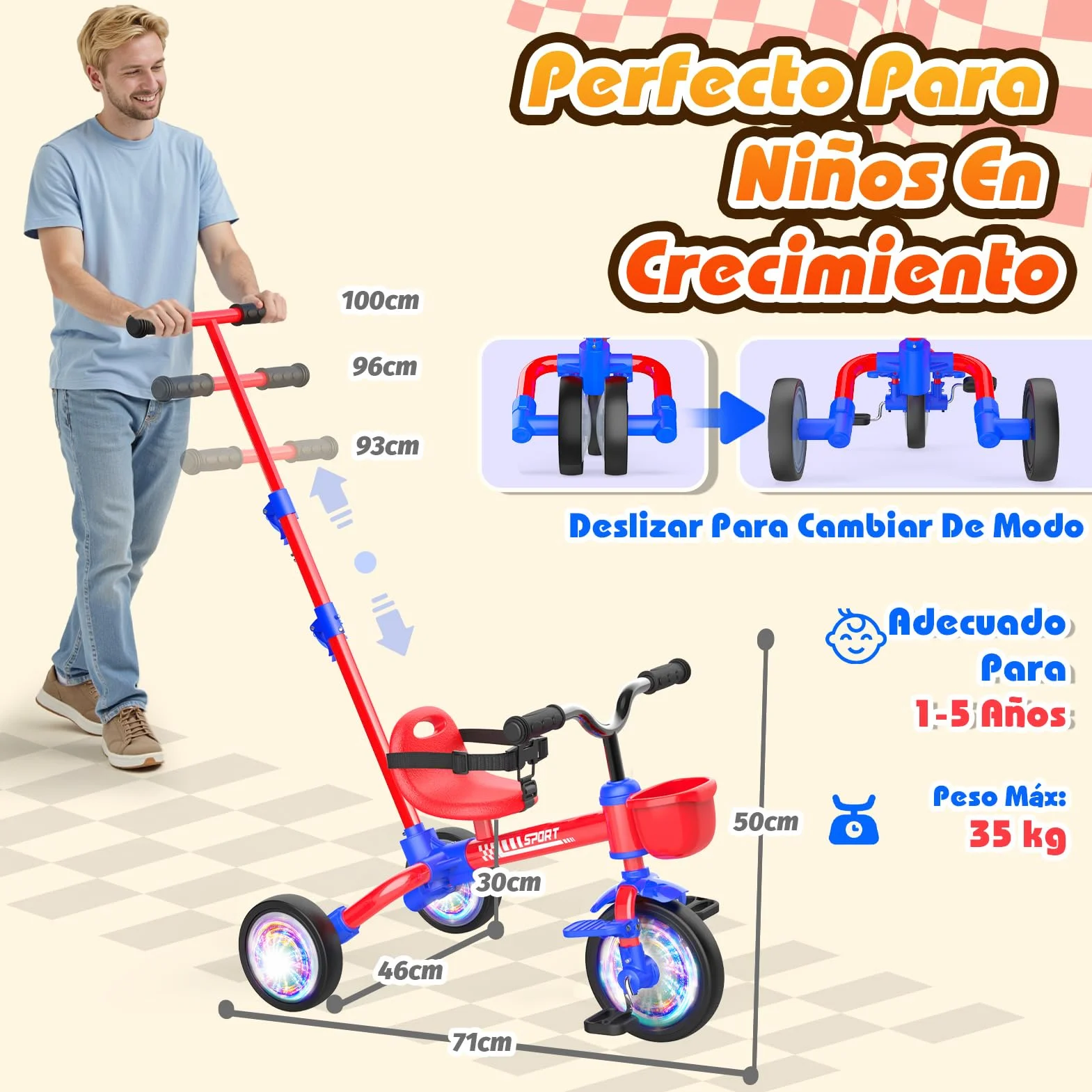 HappyGoLucky Triciclo 5 En 1 Evolutivo Bebe, Bici Bicicleta Niñas 1-3 Años-Ruedas Luminosas/Asa Parental/Asientos&Pedales Regulables