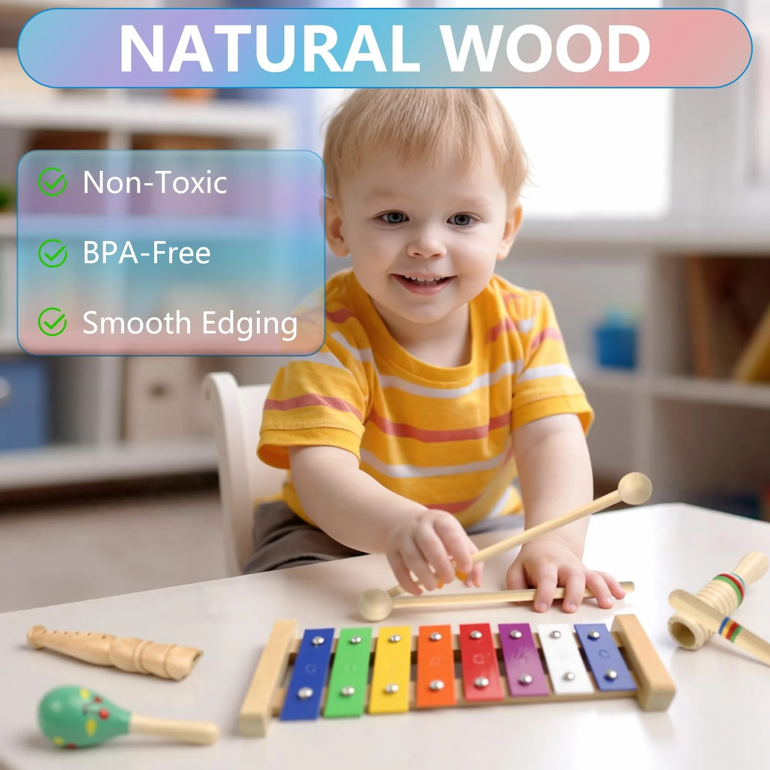 Instrumentos Musicales para bebés, Juguetes Montessori, Instrumentos Musicales de Percusión de Madera de Colores del Arcoíris con Bolsa de Almacenamiento Transparente